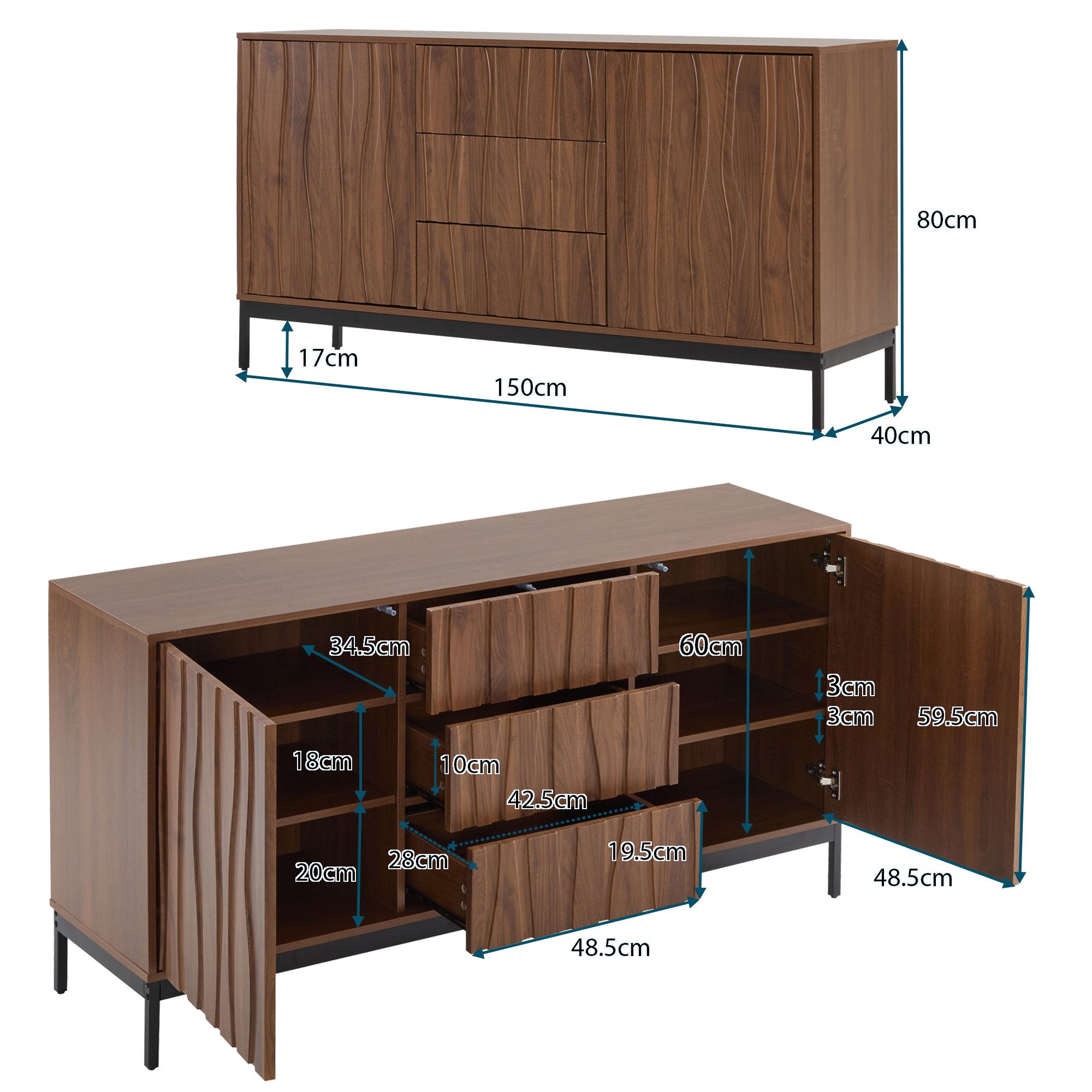 Ulife Sideboard Dunkelbraun mit welligem 3D-Design, 2 Türen, 3 Schubladen (1 St), für Wohnzimmer, Esszimmer, Büro,150x40x80cm – Bild 3 von 5