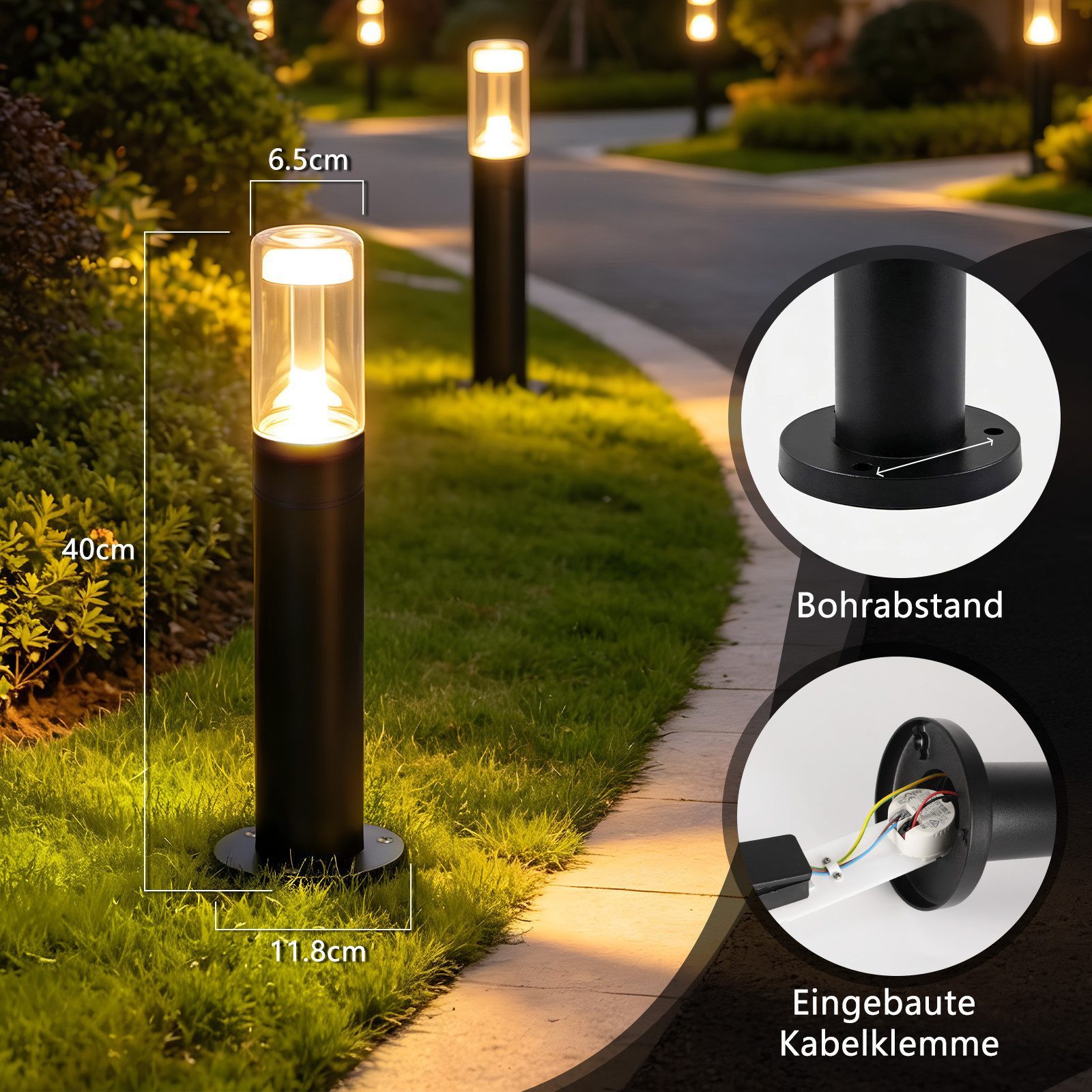ZMH LED Pollerleuchte Außen Schwarz, 40 cm, 10 W, 3000 K warmweiß, LED Pollerleuchte, LED fest integriert, Warmweiß, Wegeleuchte aus Aluminium/Glas für Garten, Weg und Terrasse