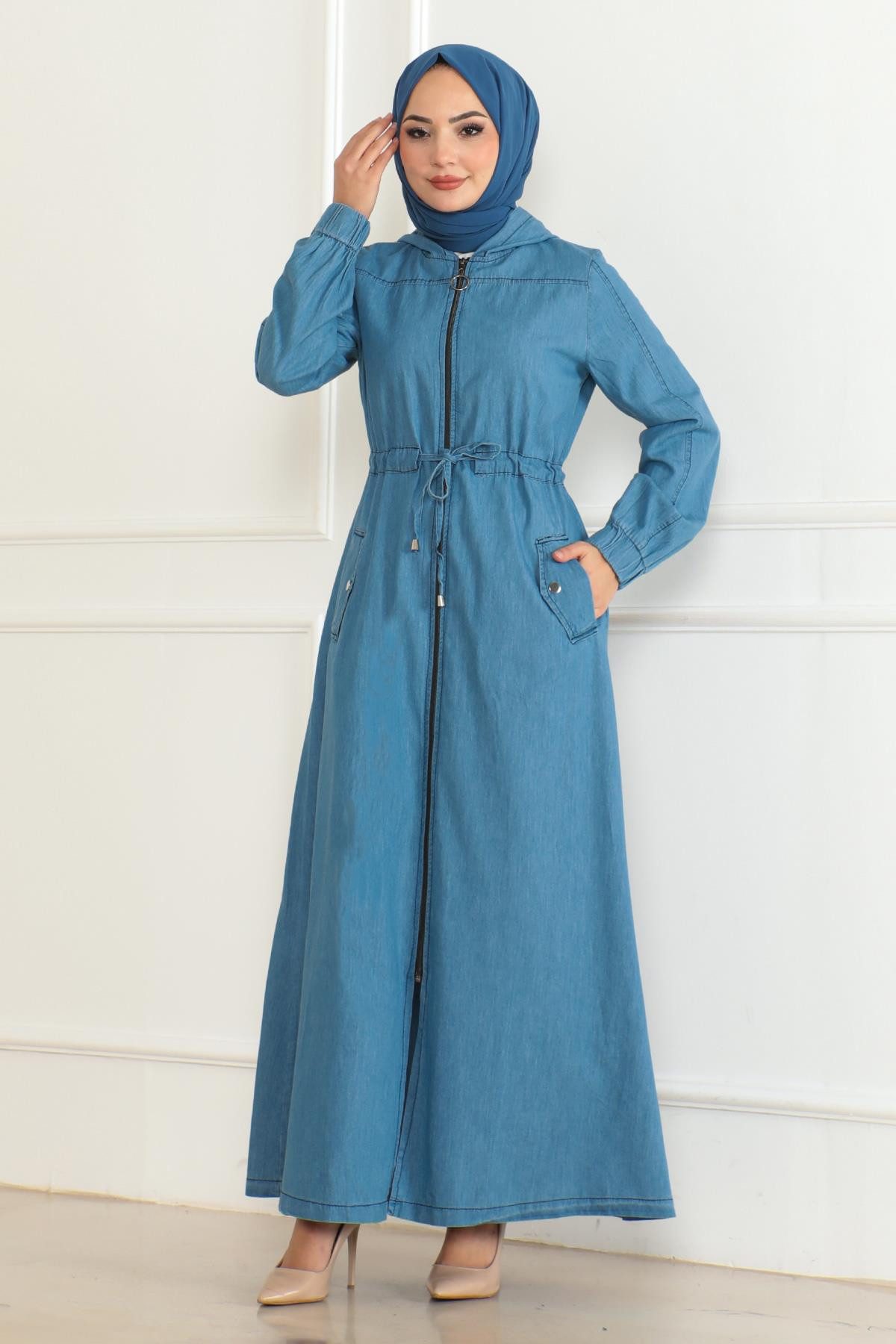 MODAMİHRAM Maxikleid Dunkelblaue Denim-Tunika mit Schnürdetail günstig online kaufen