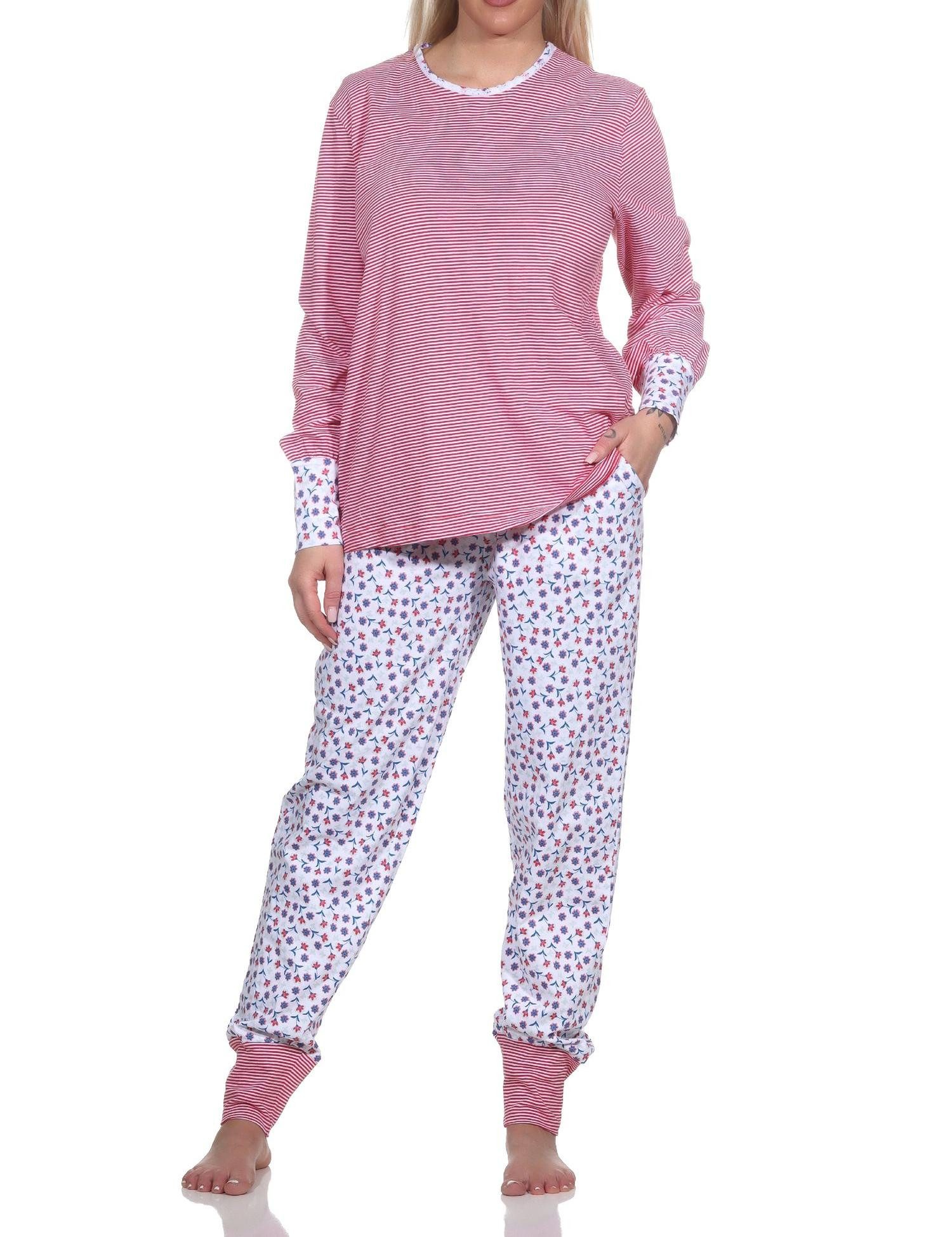 Pyjama Damen Schlafanzug Langarm mit Bündchen