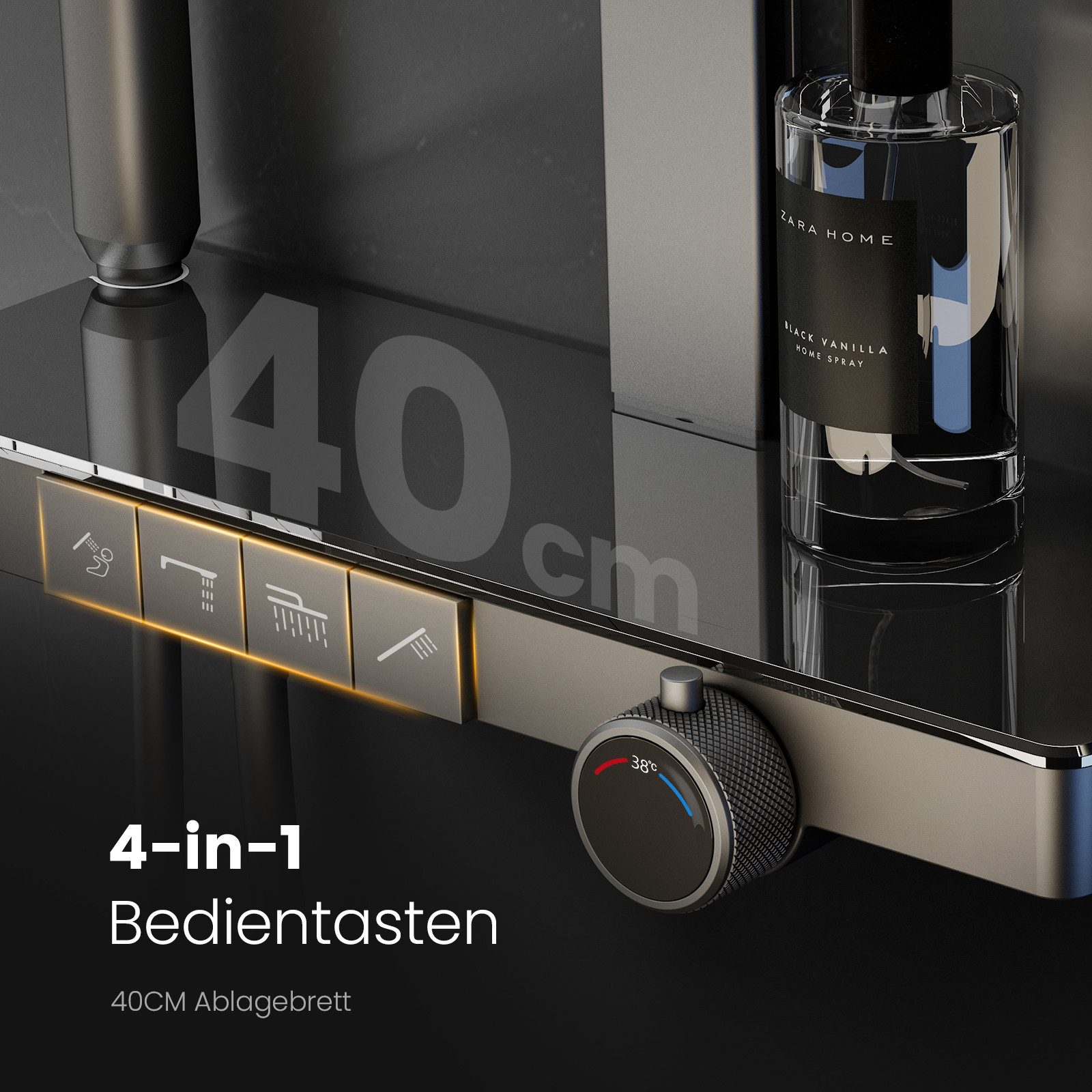 EMKE Duschsystem Duschsäule mit Thermostat und Bluetooth-Steuerung, modernes Design, Höhe 113 cm, 4 Strahlart(en), Regendusche,Kinderdusche,Bluetooth,Anthrazit Matt