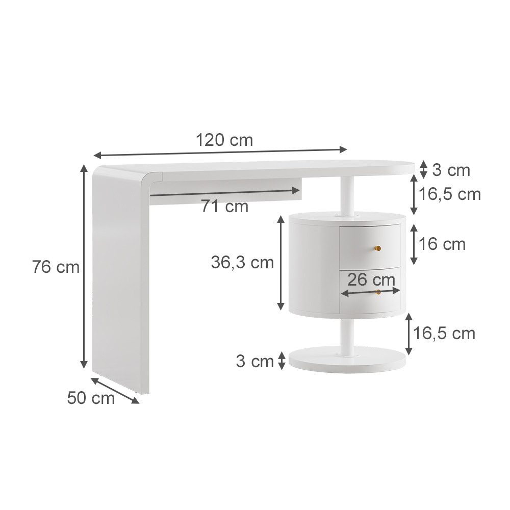 Vicco Schminktisch Lara, Weiß Hochglanz, 120 cm mit 2 Schubladen (1-St)