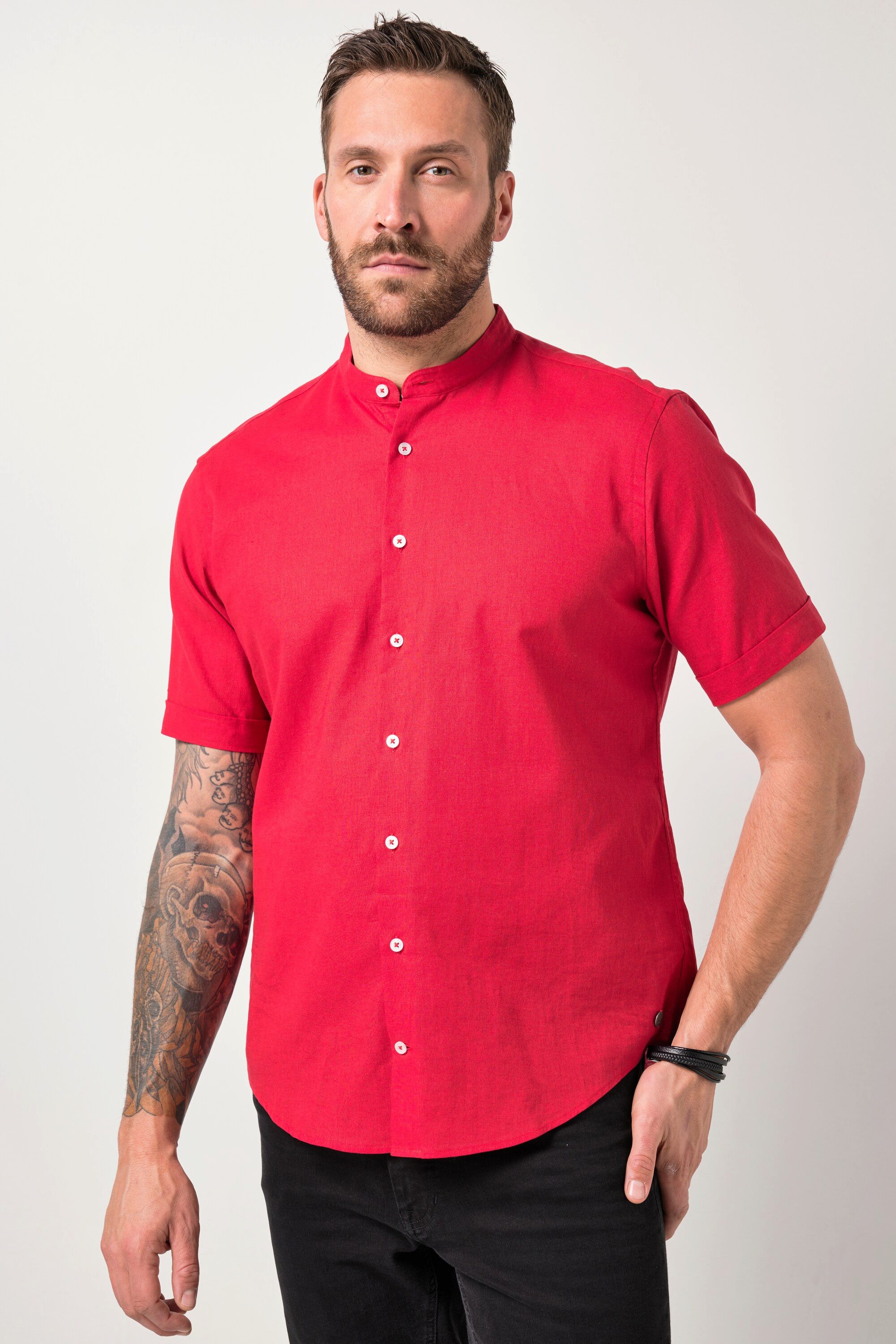 JP1880 Kurzarmhemd Hemd Halbarm Leinenmix Stehkragen Modern Fit