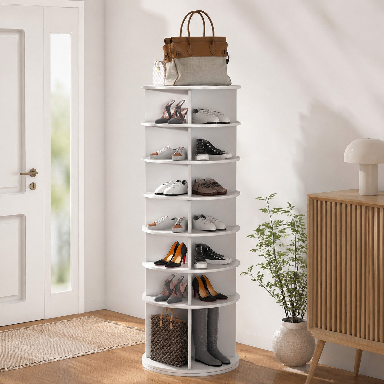 KLAM HOME Schuhregal Weißer 360° drehbarer Schuhturm mit 7 Ebenen, Freistehender Schuhständer für bis zu 28 Paar Schuhe & Stiefel, Moderner PVC Drehschuhregal mit extra hoher Stiefelbasis