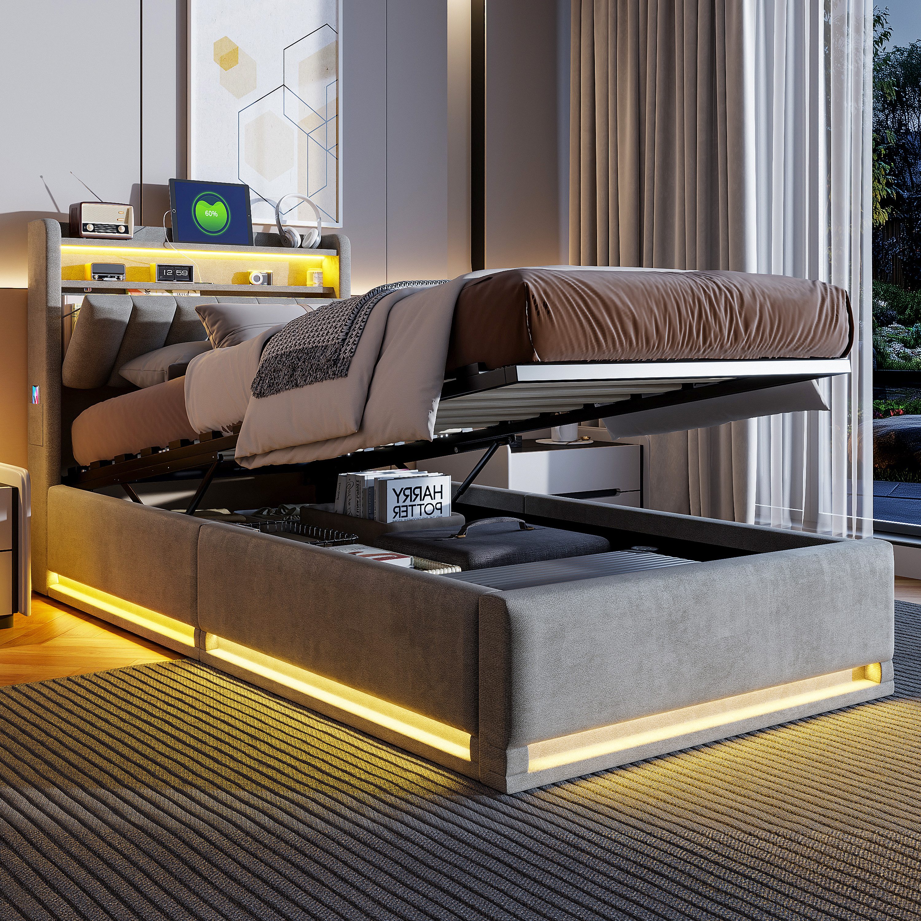 Gdood Polsterbett Stauraumbett Doppelbett LED, Samtstoff (1-tlg., Type-C + USB, Hydraulisch hebbarer Stauraum), Mit Bettkasten, LED-Beleuchtung, USB-Anschluss, 90x200 cm