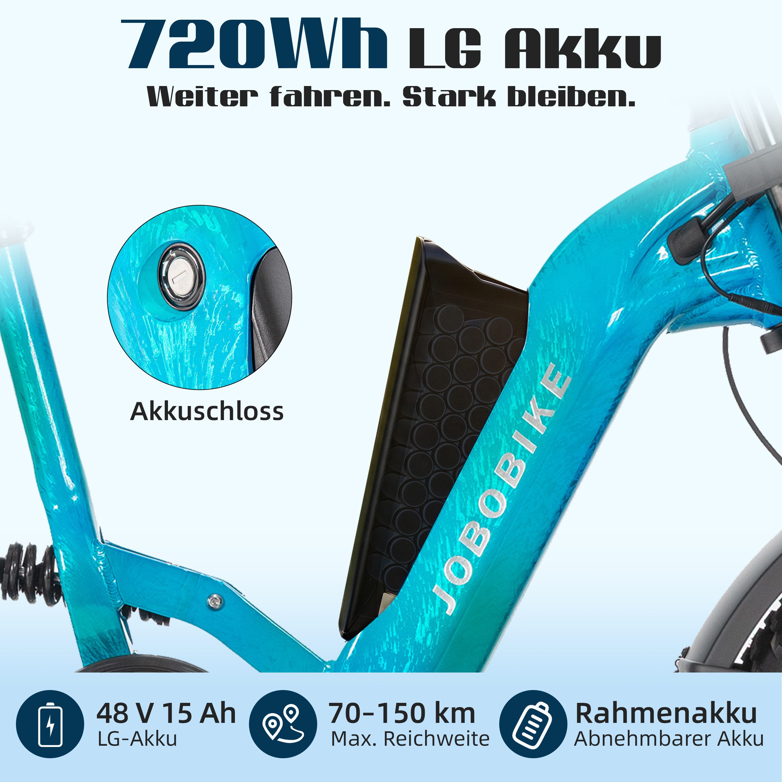 JOBOBIKE E-Bike Mountainbike 20x4,0 Zoll, 720Wh, 150km, Fully, Vollfederung, Lockout-Federgabel, 7 Gang Shimano, Kettenschaltung, Heckmotor, 720 Wh, (Hinterradf – Bild 5 von 5