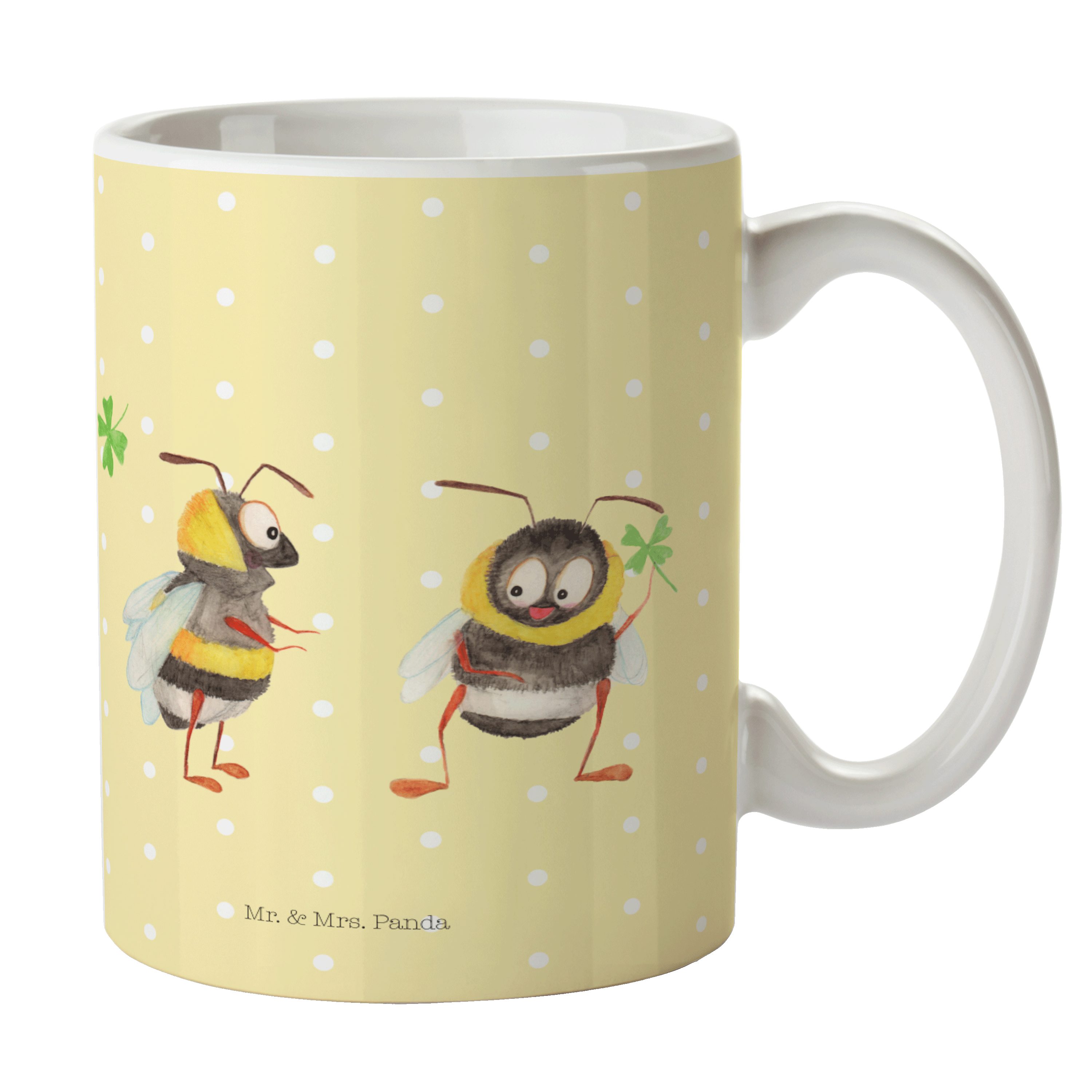 Mr. & Mrs. Panda Tasse Hummeln mit Kleeblatt - Gelb Pastell - Geschenk, Spruch positiv, Teet, Keramik