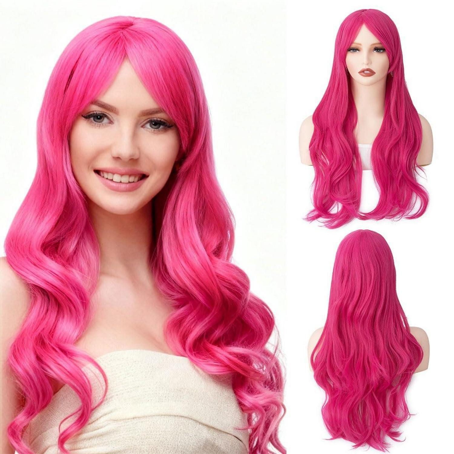 Kostüm-Perücke Perücke Damen Pony Pink Cosplay Halloween 70 cm Knalliges Pink