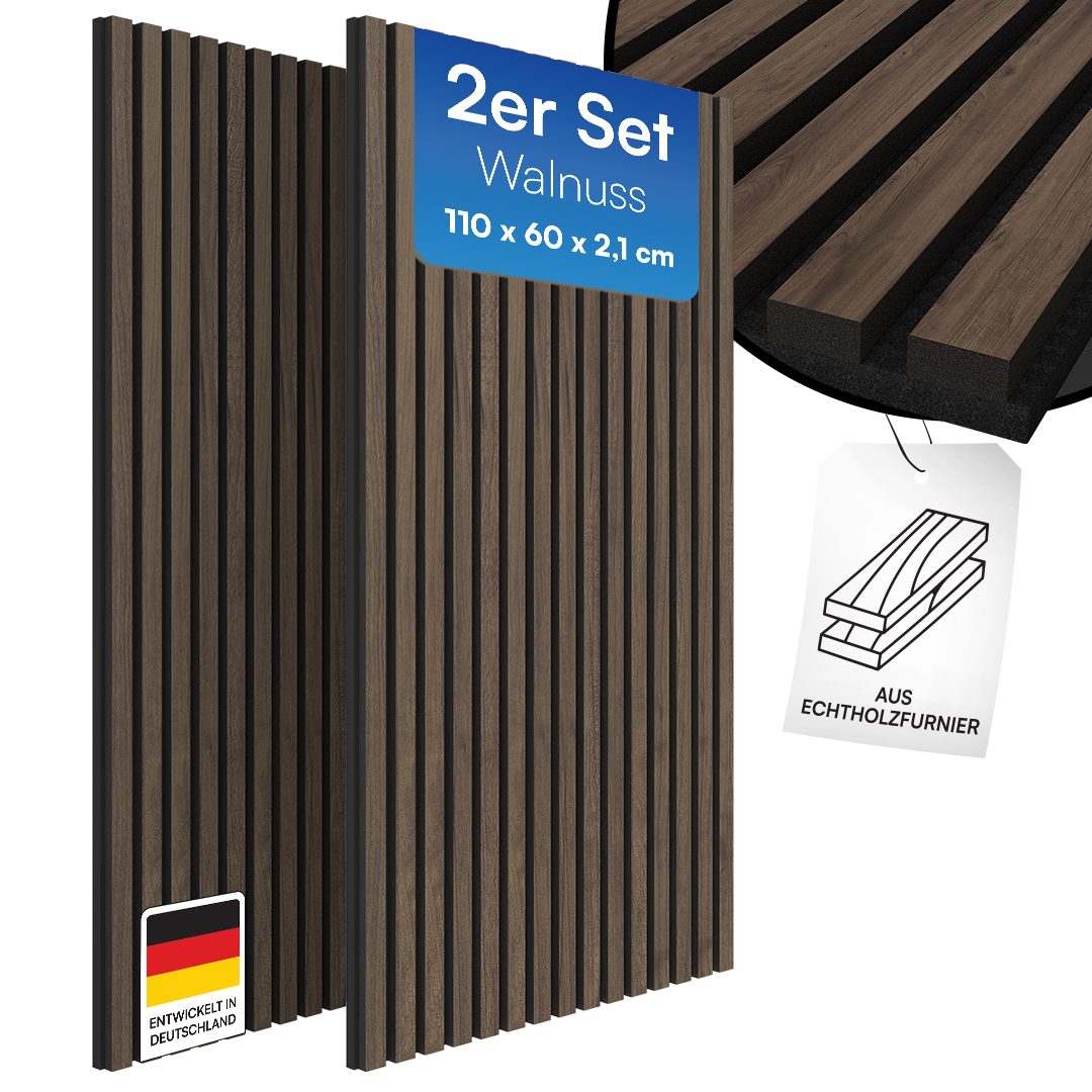 Bellamio Wandpaneel Kilwa, Akustikpaneel Holzoptik, BxL: 60x110 cm, 0,66 qm, (Walnuss, 2-tlg) 3D Lamellenwand schallabsorbierend, in verschiedenen Größen verfügbar