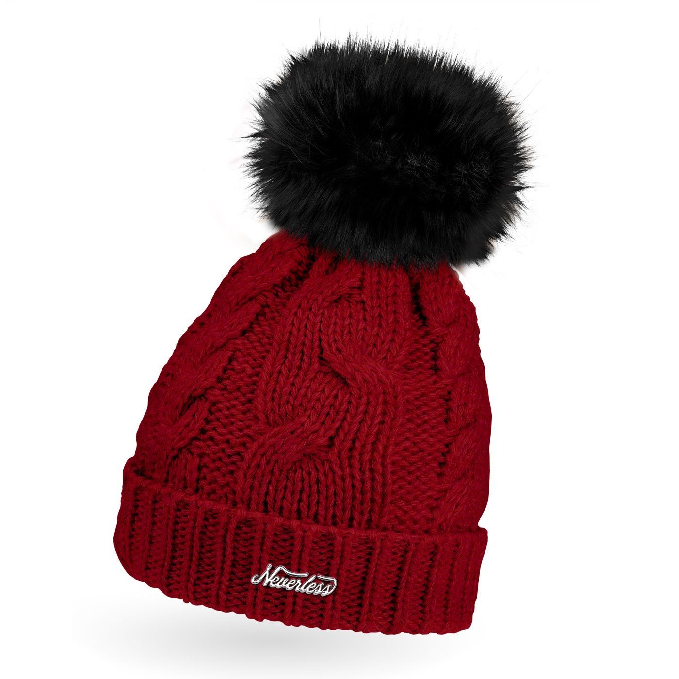 Zopfmuster Bommelmütze Neverless Wintermütze mit Damen Bommelmütze gefüttert Bommel Neverless® Strickmütze Warme rot