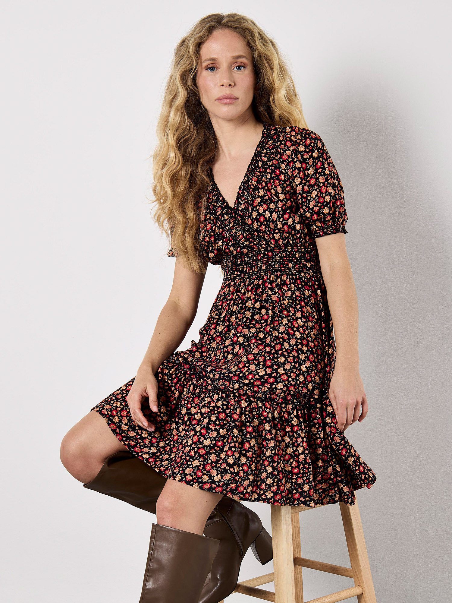 Apricot Minikleid Blumenkleid, mit Raffungen günstig online kaufen