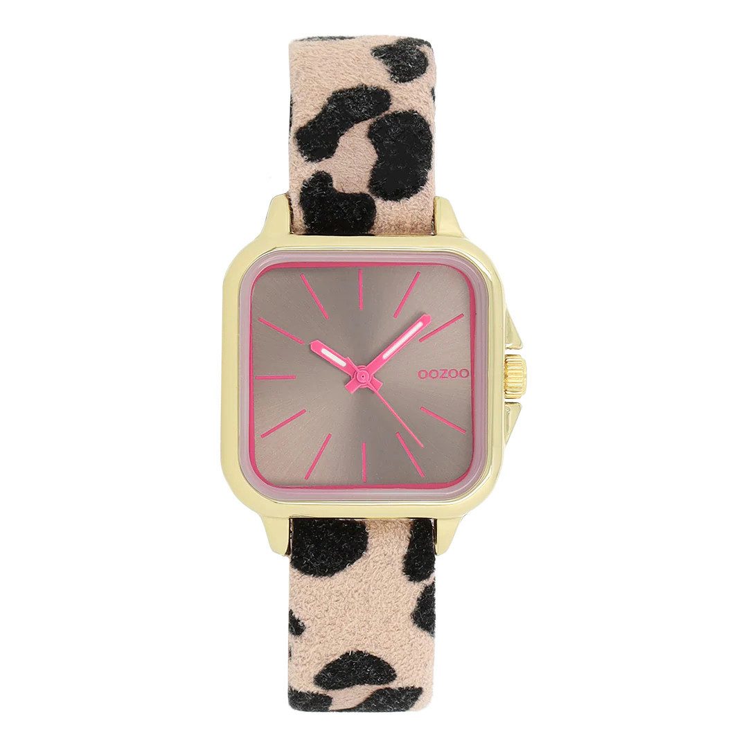 OOZOO Quarzuhr Damenuhr, 27×27 mm – IP-goldene Uhr mit Lederarmband im Animalprint C11611