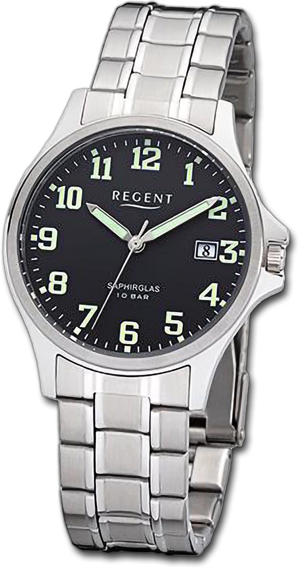 Regent Quarzuhr Regent Herren Armbanduhr Analog, Herrenuhr Metallarmband silber, rundes Gehäuse, extra groß (ca. 36mm)
