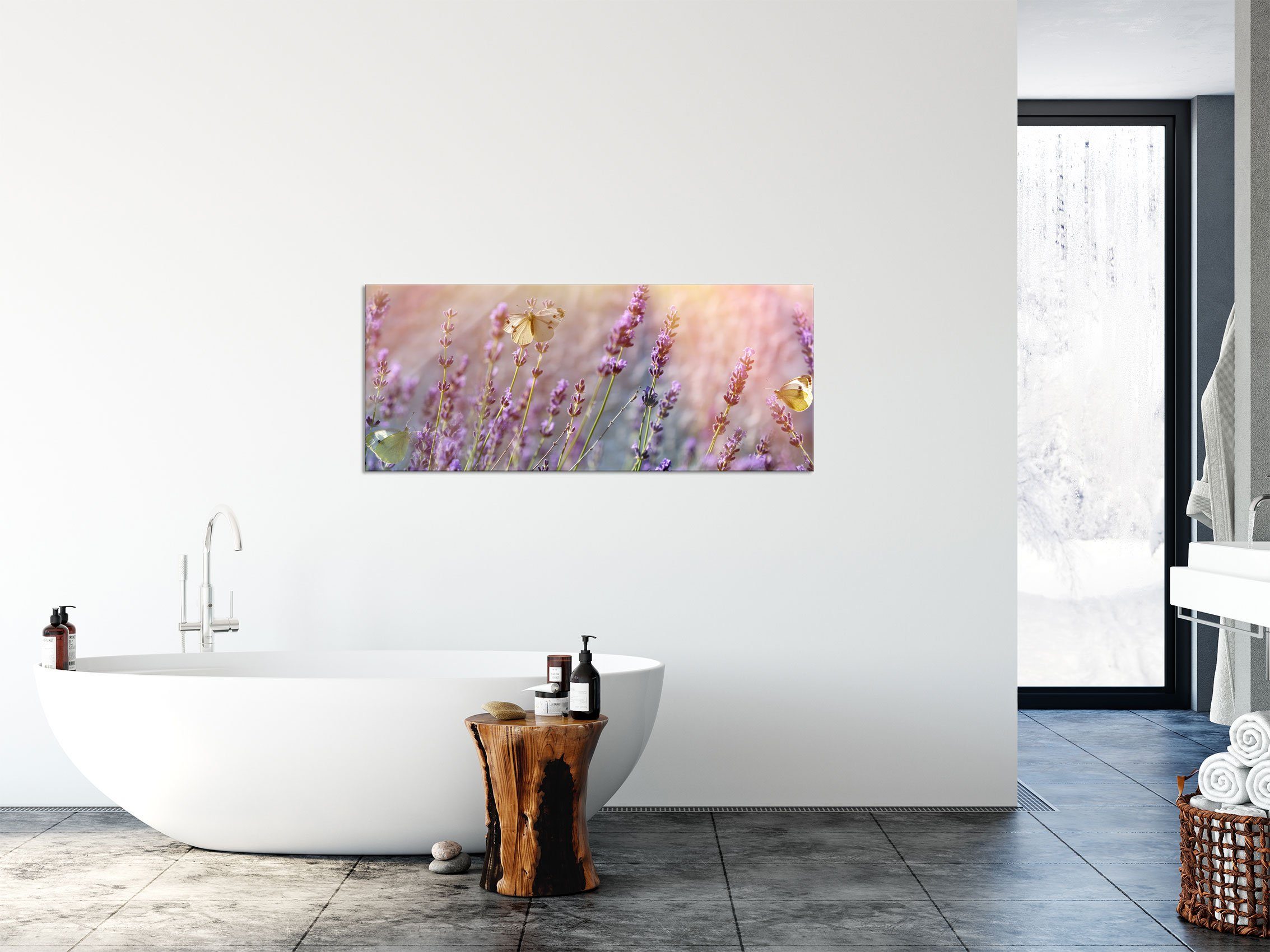 Pixxprint Glasbild Schmetterlinge St), auf Echtglas, Lavendelblumen und aus Aufhängungen auf (1 Schmetterlinge Abstandshalter Lavendelblumen, Glasbild inkl