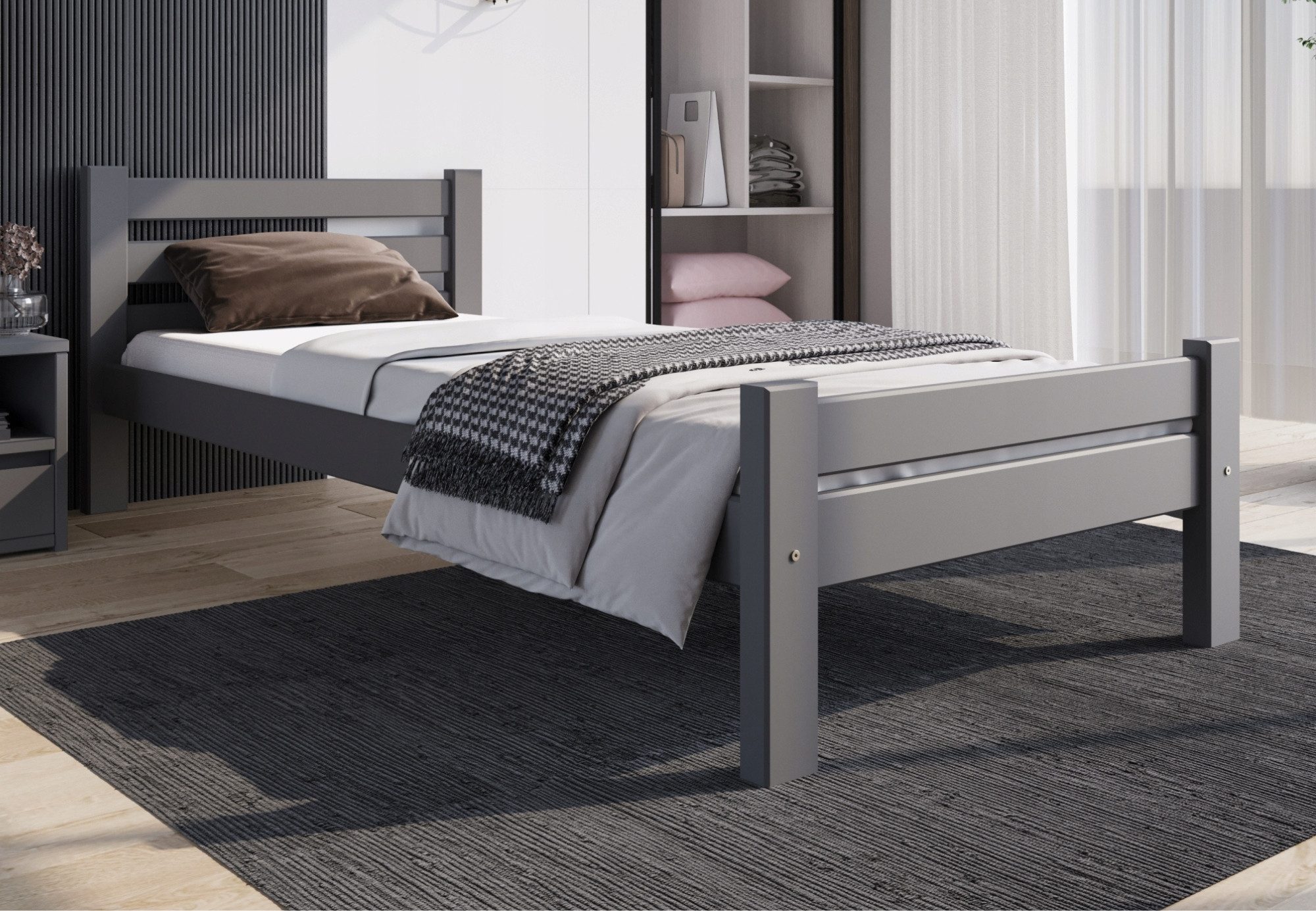 Home Collective Bettgestell Massivholzbett, Einzelbett mit Lattenrost & sicherem Lack, 210x102x72 cm, Grau
