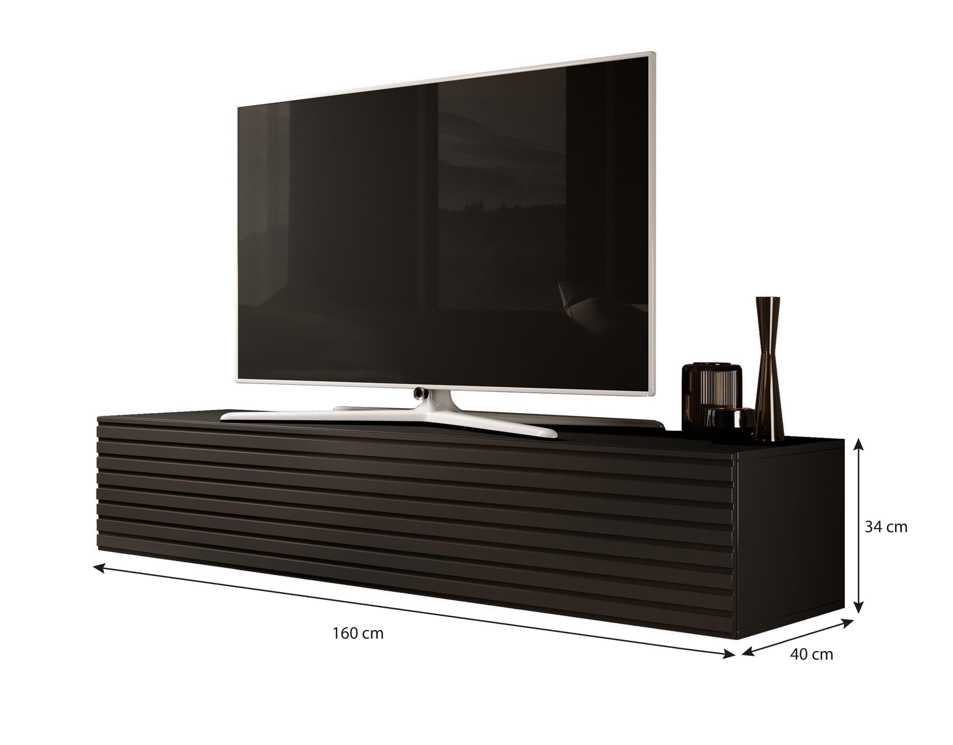 cm Furnix mit x Schwarz/Schwarze 160 Lowboard Lamellenfront Designerschrank B160 ZIBO H34 Lamellen x TV-Schrank T40 Hängeschrank