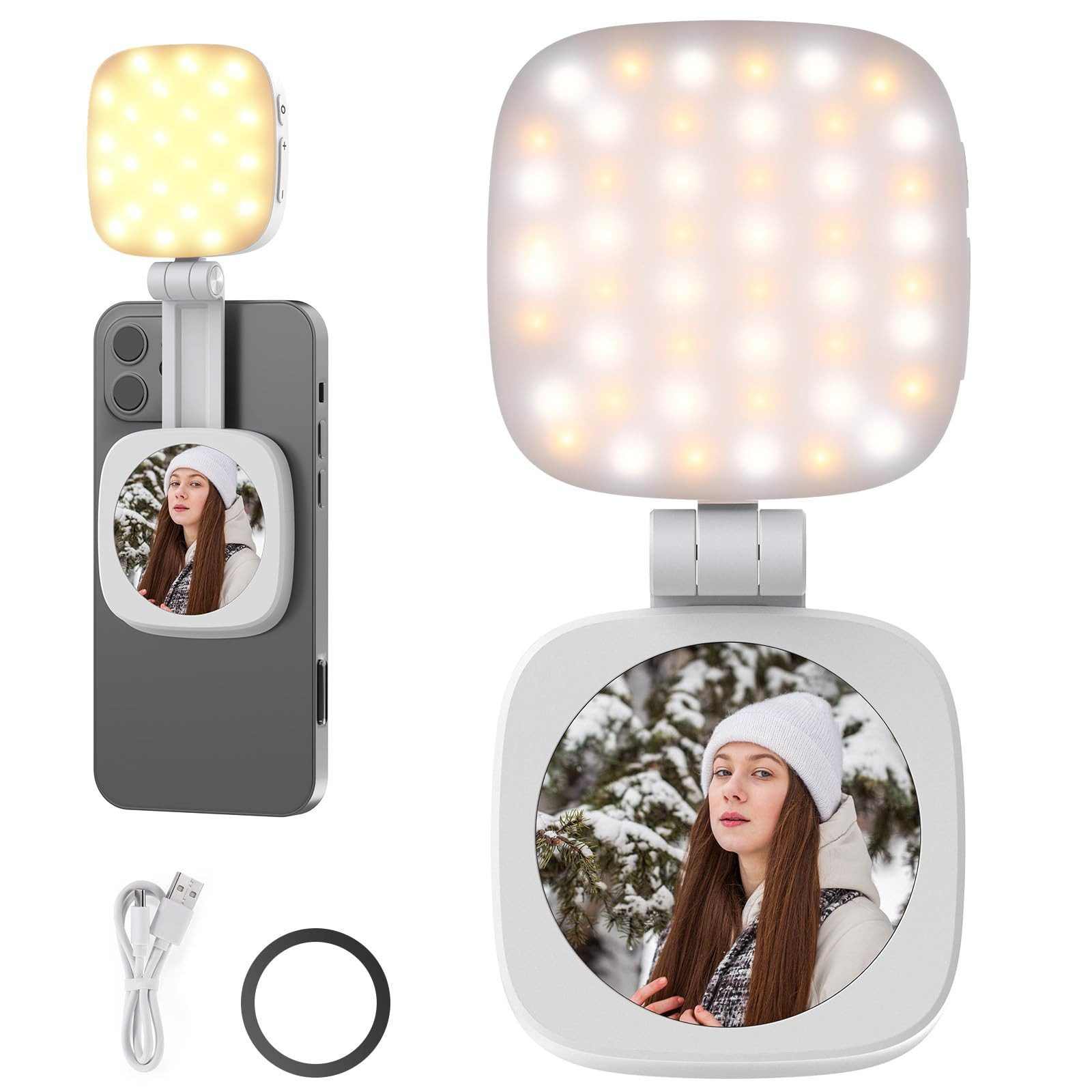 Neewer Videoleuchte NL48B Magnetisches Selfie Licht, mit Ständer/Spiegel, CRI95 700lx/0,3m, Faltbare LED Handy Füllring Beleuchtung für iPhone MagSafe Make up von Neewer