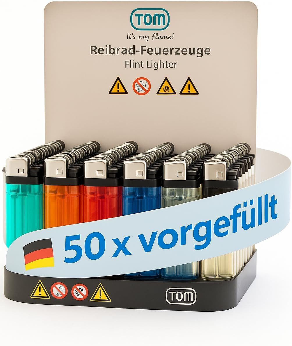 TOM Feuerzeuge Display Set Reibrad (50-St), 5 Farben, Flammeregulierung, Soft Flame