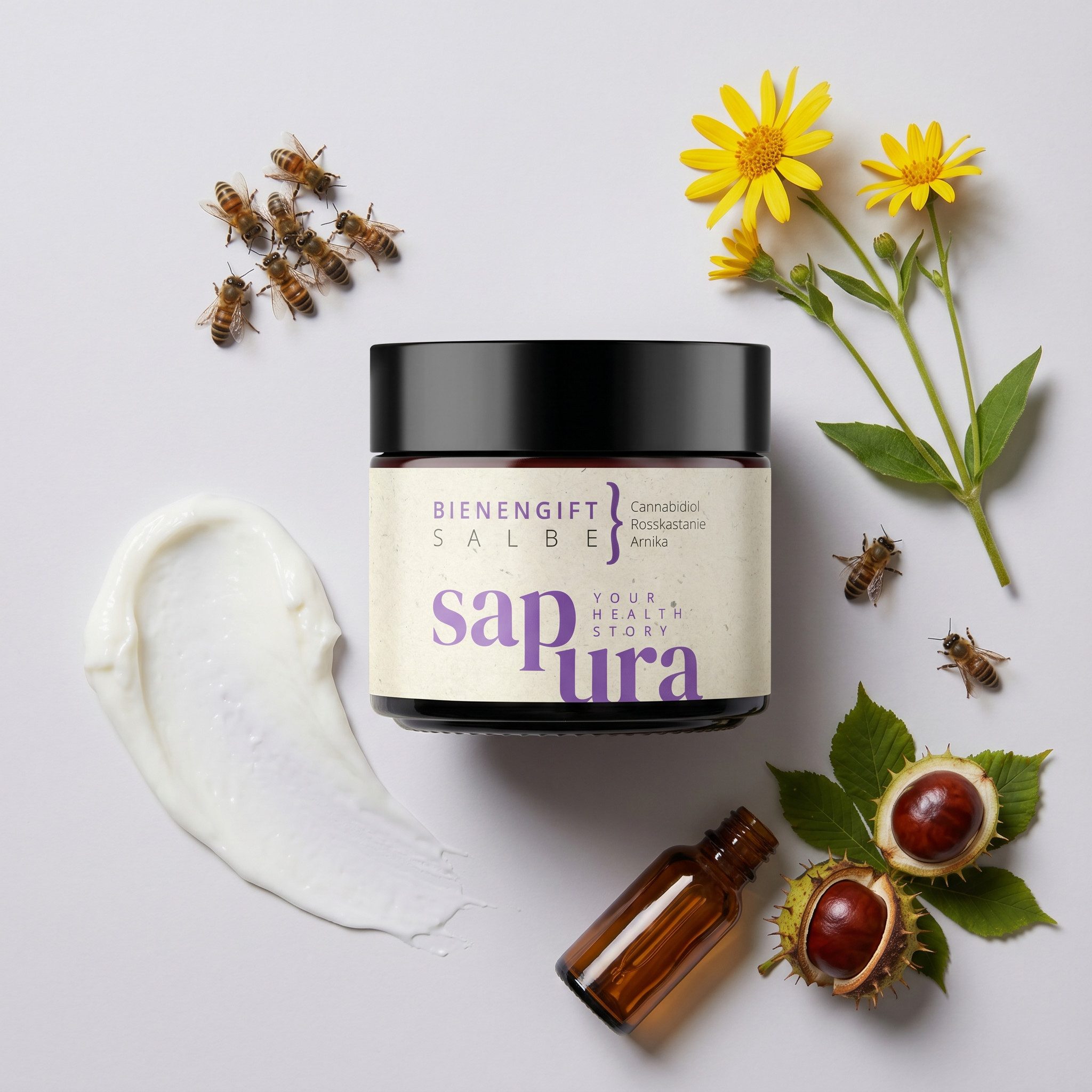 SAPURA Health Körpercreme Bienengift Salbe, Bee Cream mit CBD, Arnika & Rosskastanie, 60 ml
