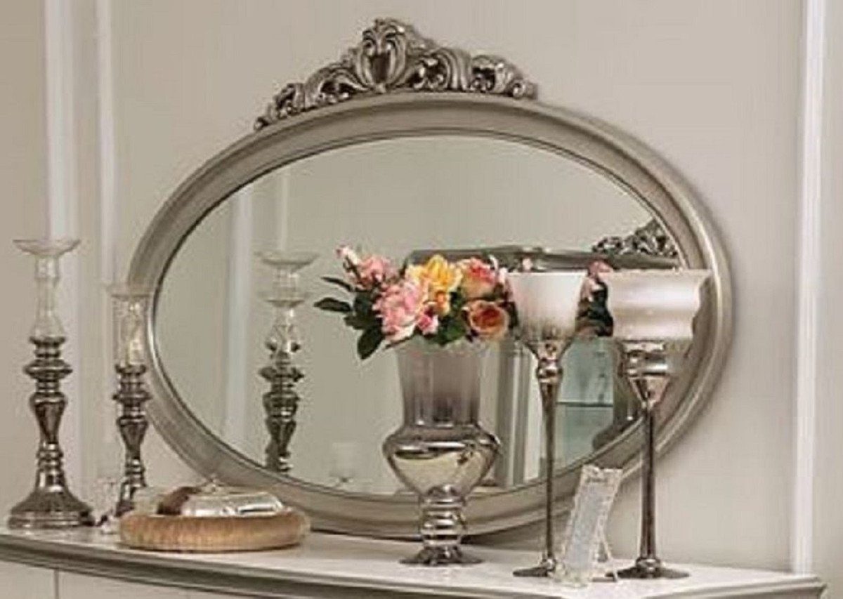 Prunkvoll Massivholz Ovaler Silber Padrino Möbel im - Edel Wandspiegel Casa Barock Barockspiegel & Barock - Luxus Barockstil - Spiegel