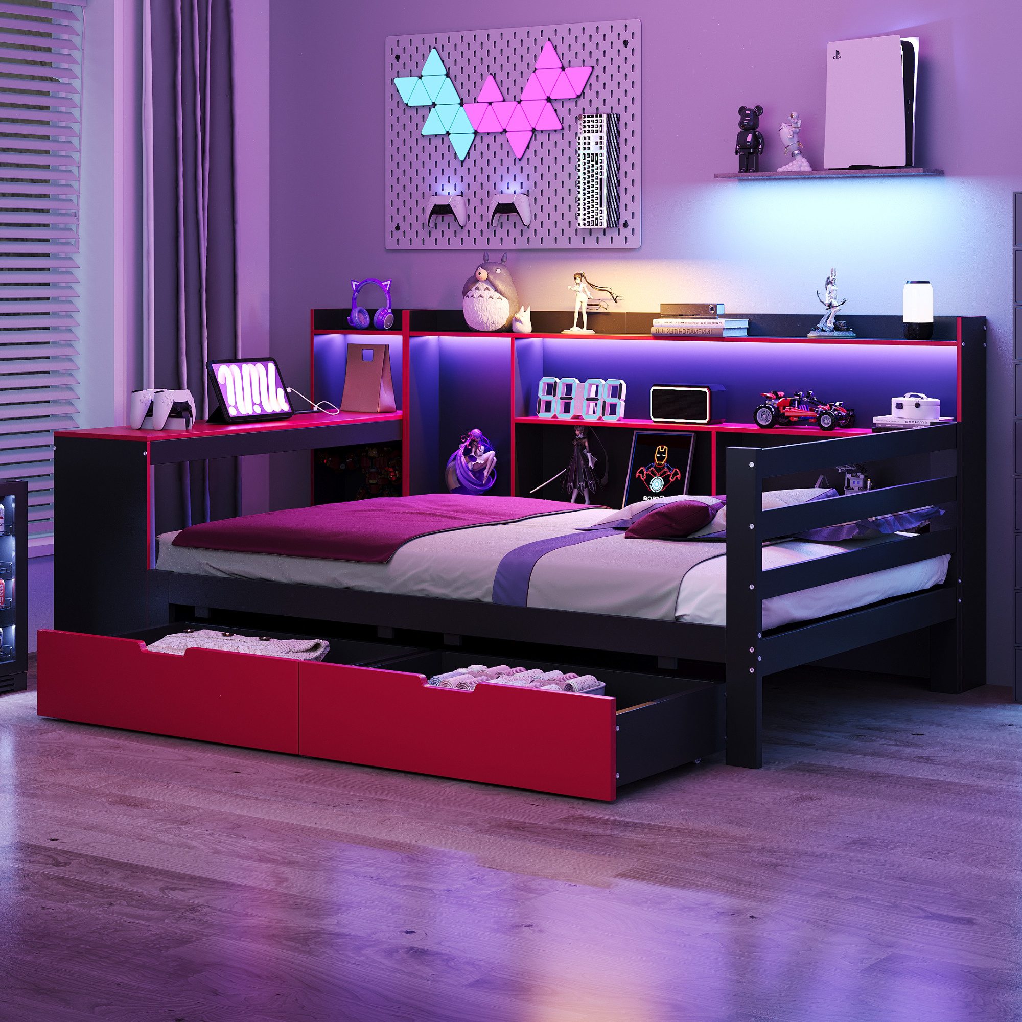 Flieks Daybett, Holzbett 90x200cm mit Schreibtisch Staufach Schubladen LED & Aufladen