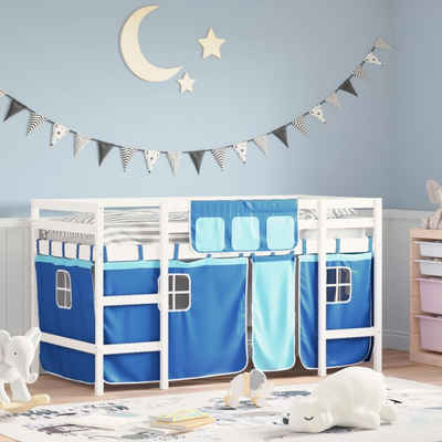 vidaXL Bett Kinderhochbett mit Vorhängen Blau 90x200 cm Massivholz Kiefer