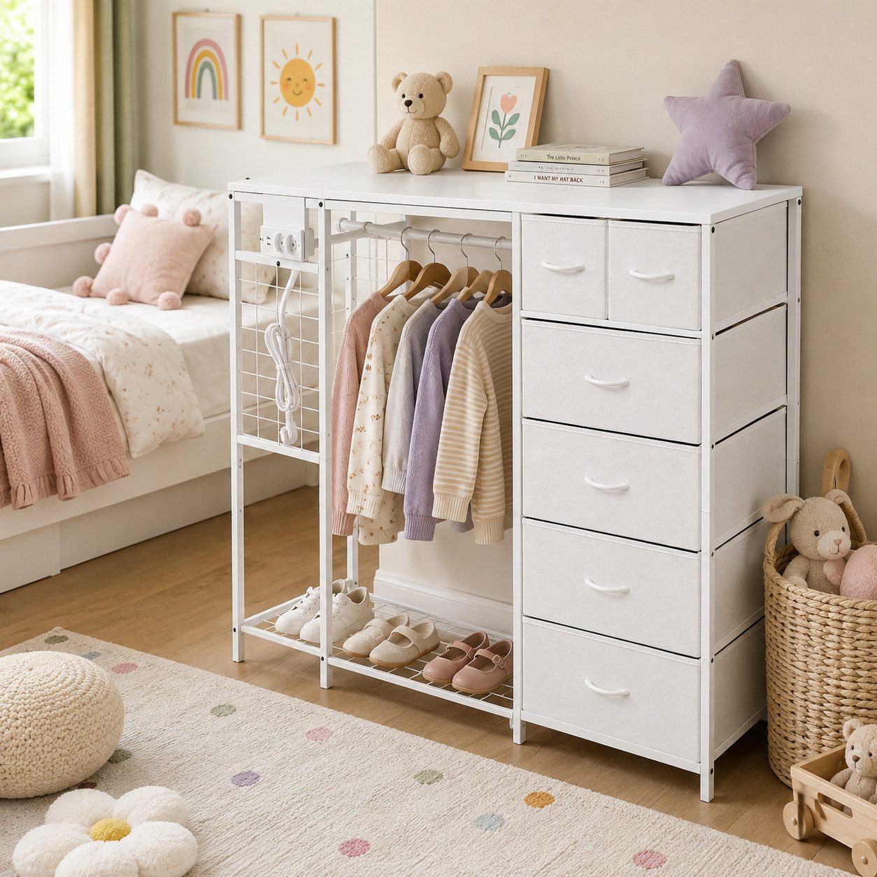 Yorbay Kinderkleiderschrank 6 Schubladen mit Stange Ablage und Steckdose (Set) Mehr Ordnung im Kinderzimmer für Kleidung Schuhe Spielzeug und Alltag