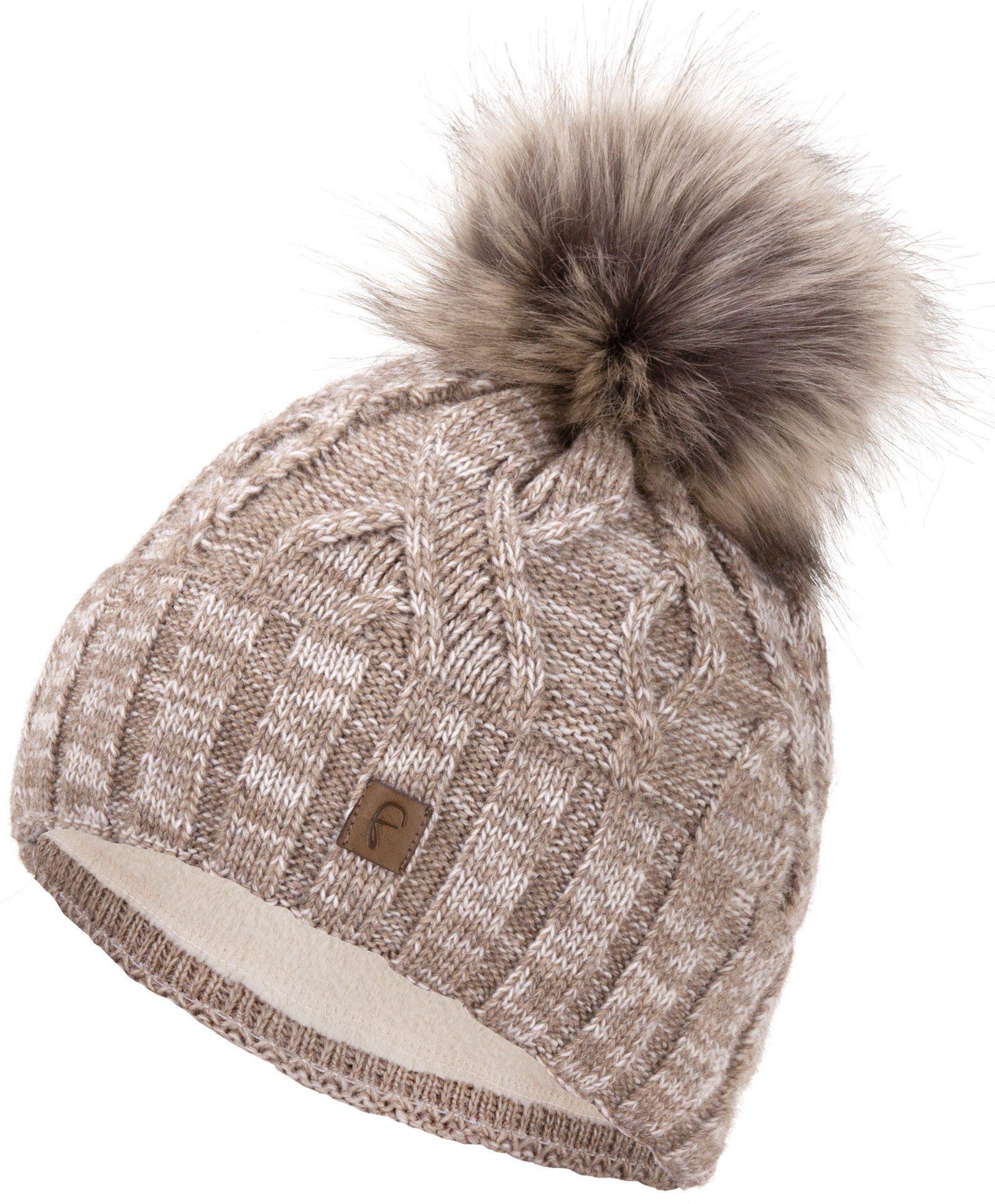 Faera Bommelmütze Gefütterte Wintermütze Damen Herren beige Strickmütze Beanie Winter Haube