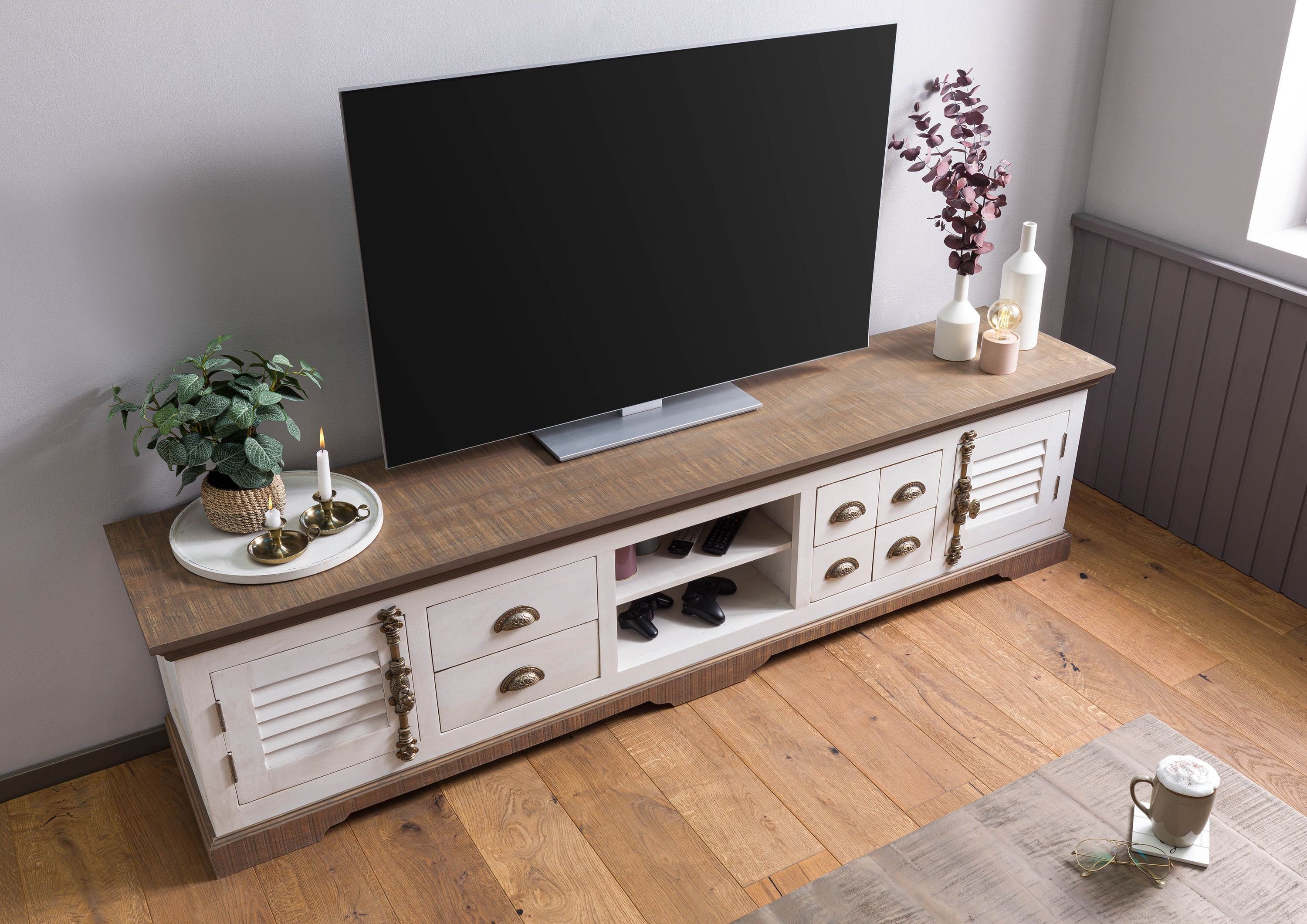 Massivmoebel24 TV-Board (Massivholz), Mango 220x45x55 weiß lackiert TOULOUS günstig online kaufen