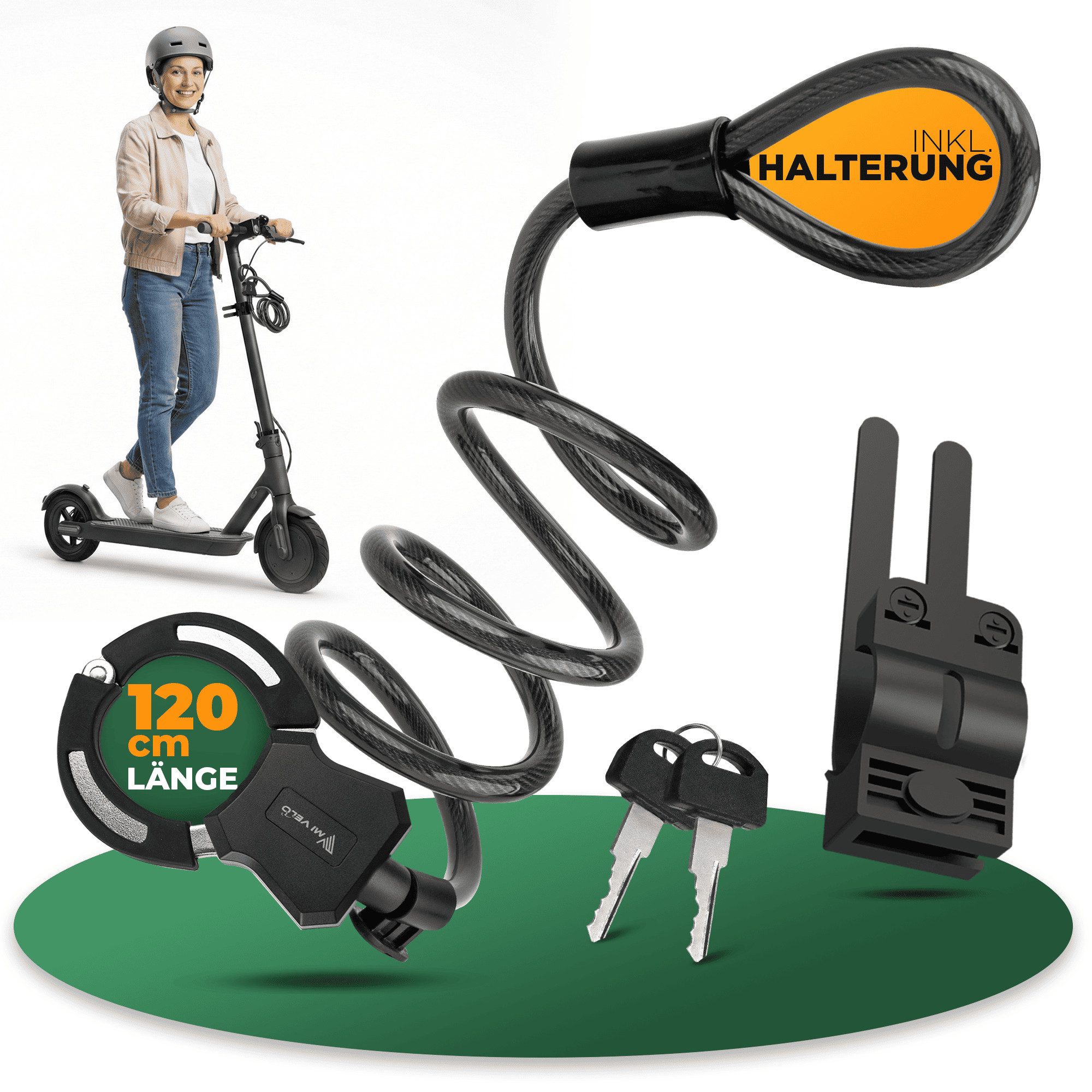 MIVELO Kabelschloss E-Scooter & Fahrrad Handschellenschloss 120 cm mit Halterung, 10 mm Stahlkern, nur 430 Gramm - maximale Flexibilität und Sicherheit