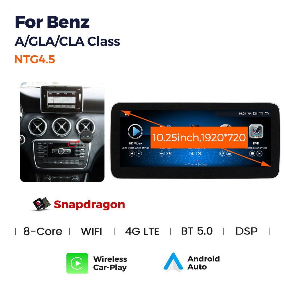 GABITECH Android 14 Autoradio GPS für Mercedes Benz A W176, C117, X156 NTG 4.5 Autoradio (FM / AM-Radio, RDS, DAB+ Optional, Qualcomm Snapdragon (nur 1 Bildschirm + Anschlusskabel) Carplay)