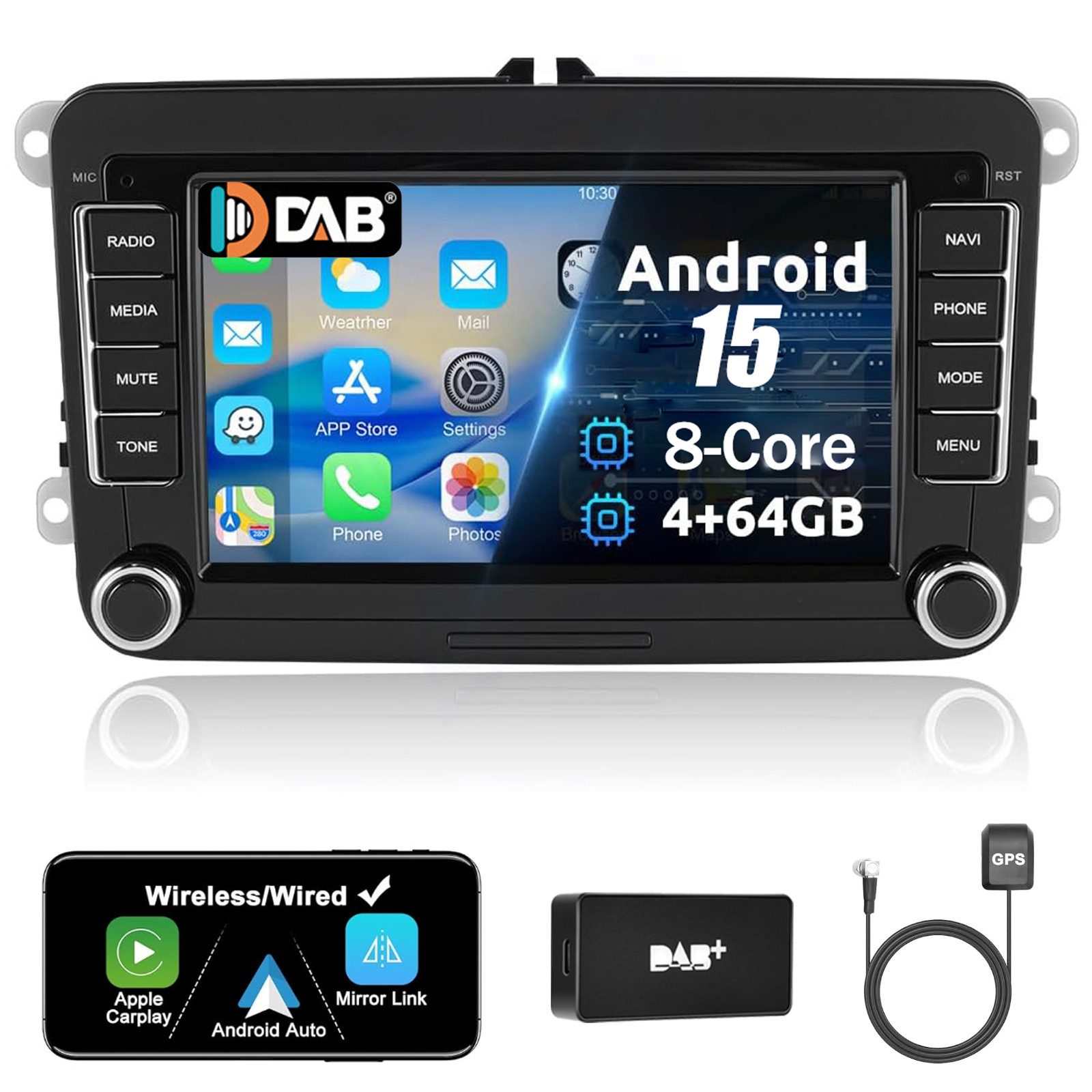 A-Sure 7" 8-Core Android 15 Carplay Für VW Golf 5 6 Passat Touran Caddy Jetta Autoradio (Digitalradio (DAB), FM, AM)
