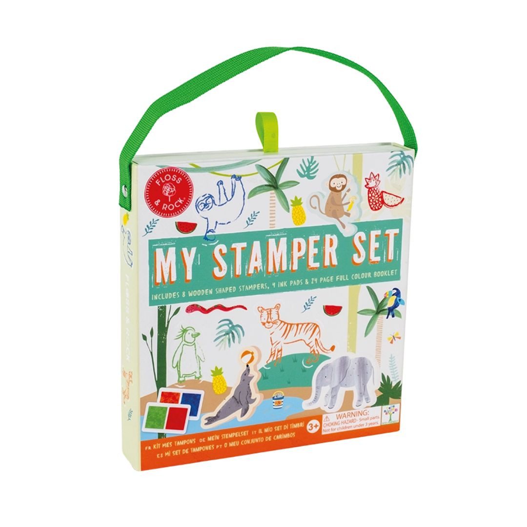 suebidou Stempel Stempelset mit 8 Holzstempeln, Stempelkissen und Booklet, kreatives Spielset