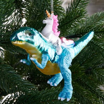 BRUBAKER Weihnachtsbaumkugel Einhorn reitet auf Dinosaurier Weihnachtskugel aus Glas - Handbemalt (1 St), Christbaumschmuck Dino Figur Lustig - Raptor Xmas