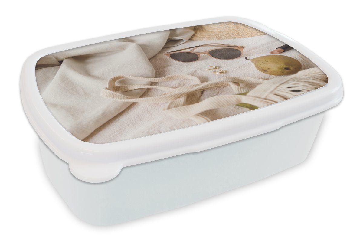 MuchoWow Lunchbox Sommer - Sonnenbrille - Tasche, Kunststoff, (2-tlg), Brotbox für Kinder und Erwachsene, Brotdose, für Jungs und Mädchen weiß