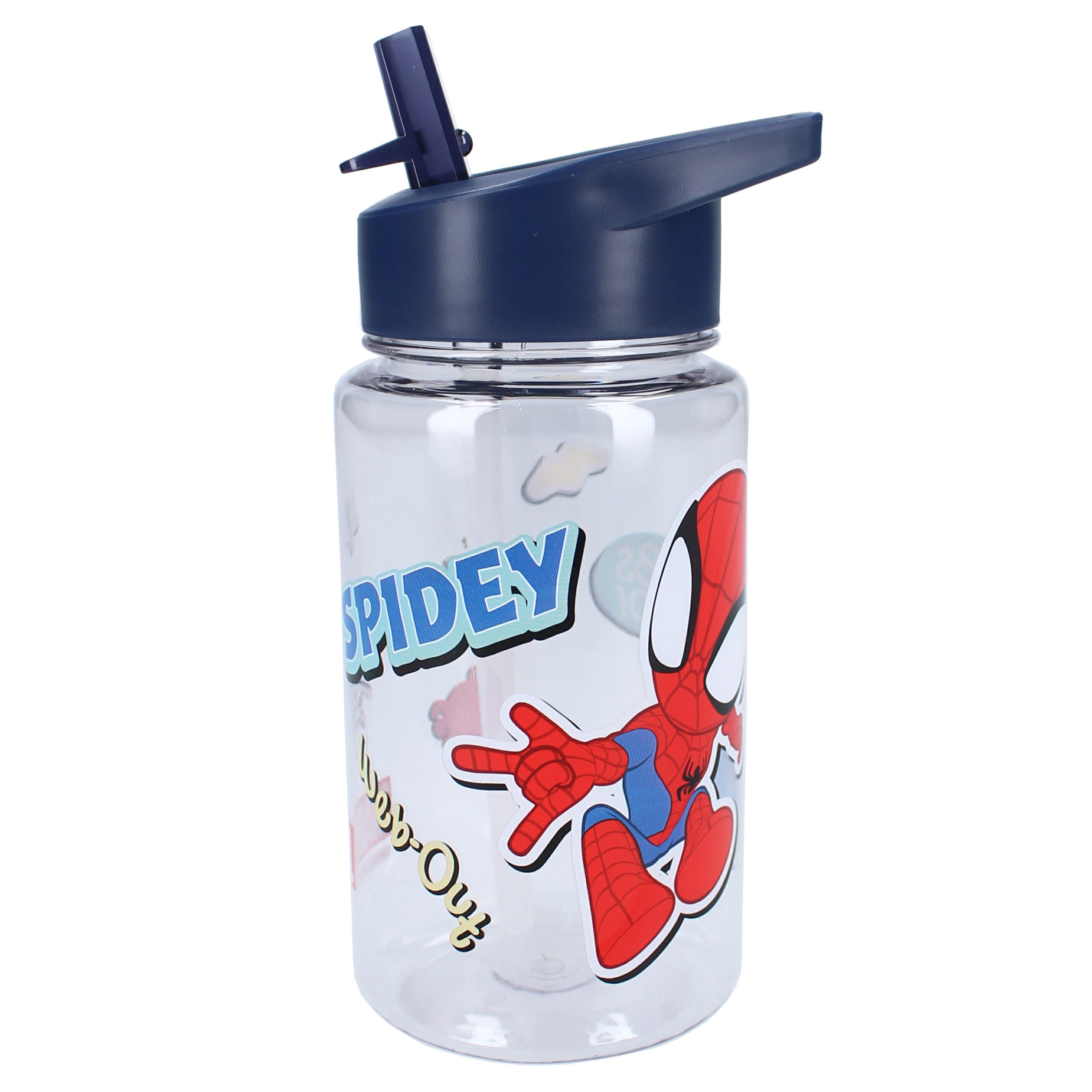 Spiderman Trinkflasche Kinder mit Strohhalm transparent 450 ml und praktischem Tragegriff