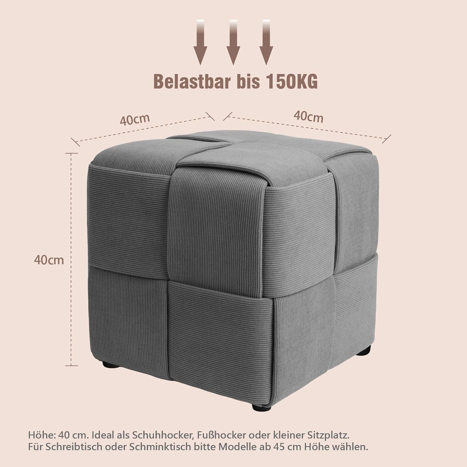 Zedelmaier Sitzhocker Sitzwürfel mit Kreuzgeflecht, handgefertigter Hocker aus Cordstoff, extrabreite 40 cm, belastbar bis 150 kg als Fußbank, Schuhbank