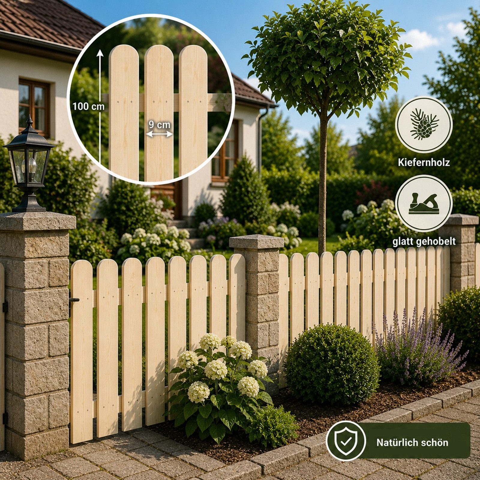 QLS Holzzaun 30 Stk. Zaunlatten 100 cm in 3 Farben, Holz Brett Kiefer Fichte Gehobelt Gartenzaun