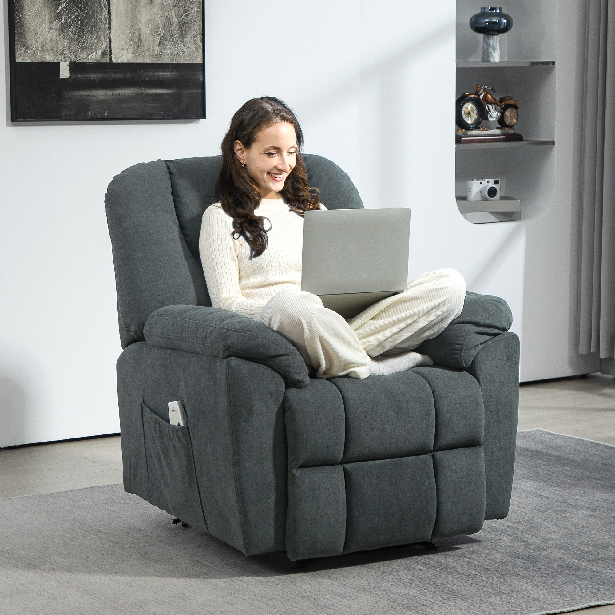 HOMCOM Relaxsessel Relaxsessel Fernsehsessel mit Liegefunktion Wärmefunktion (Liegesessel mit Seitentasche Fußteil, 1-St., Massagesessel), mit USB-Anschlüsse TV Sessel für Wohnzimmer Dunkelgrau