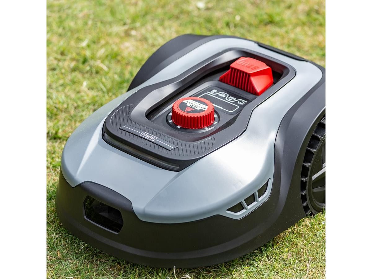 Scheppach robotic lawnmower RLM500W, for lawns up to 500 m², includes 9 cutting blades, cutting height adjustment 20–60 mm, low noise