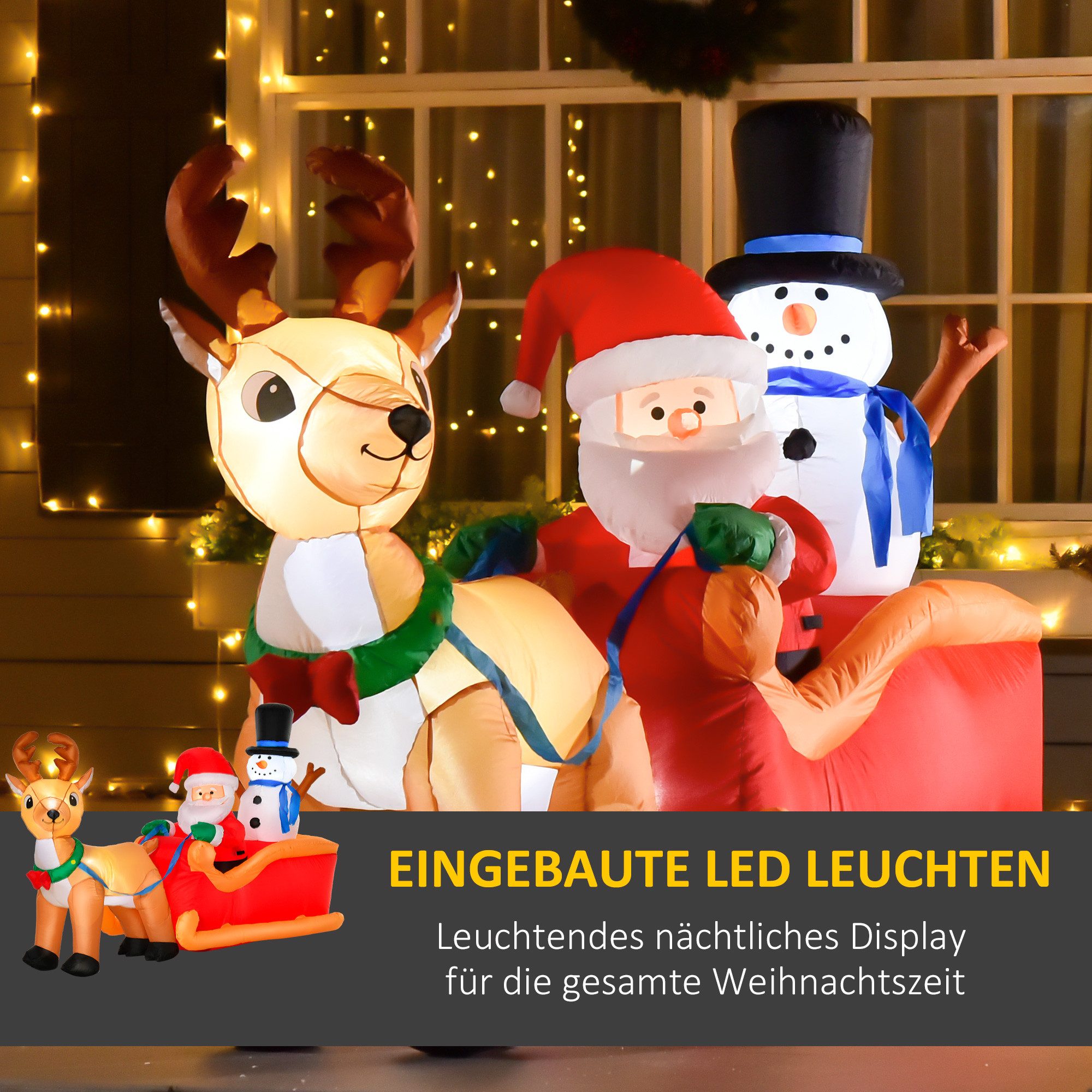 HOMCOM Weihnachtsfigur Aufblasbarer Weihnachtsmann, Weihnachtsdekoration mit LED für Außen (mit LED, Weihnachtsdekoration), Aufblasbarer Weihnachtsmann auf Schl – Bild 4 von 5