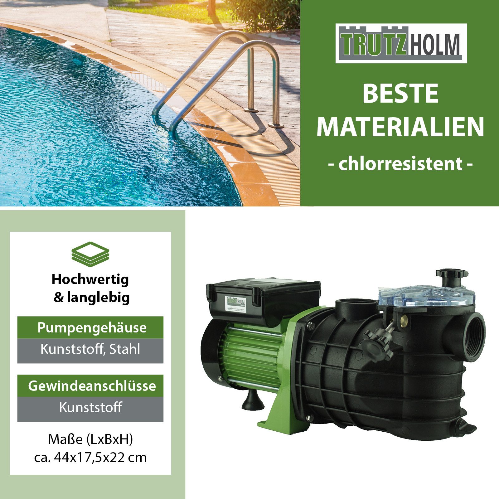 TRUTZHOLM Pool-Filterpumpe Schwimmbadpumpe 550 W 10.000 l/h Förderhöhe 11 m Umwälzpumpe (Set, 1-tlg)