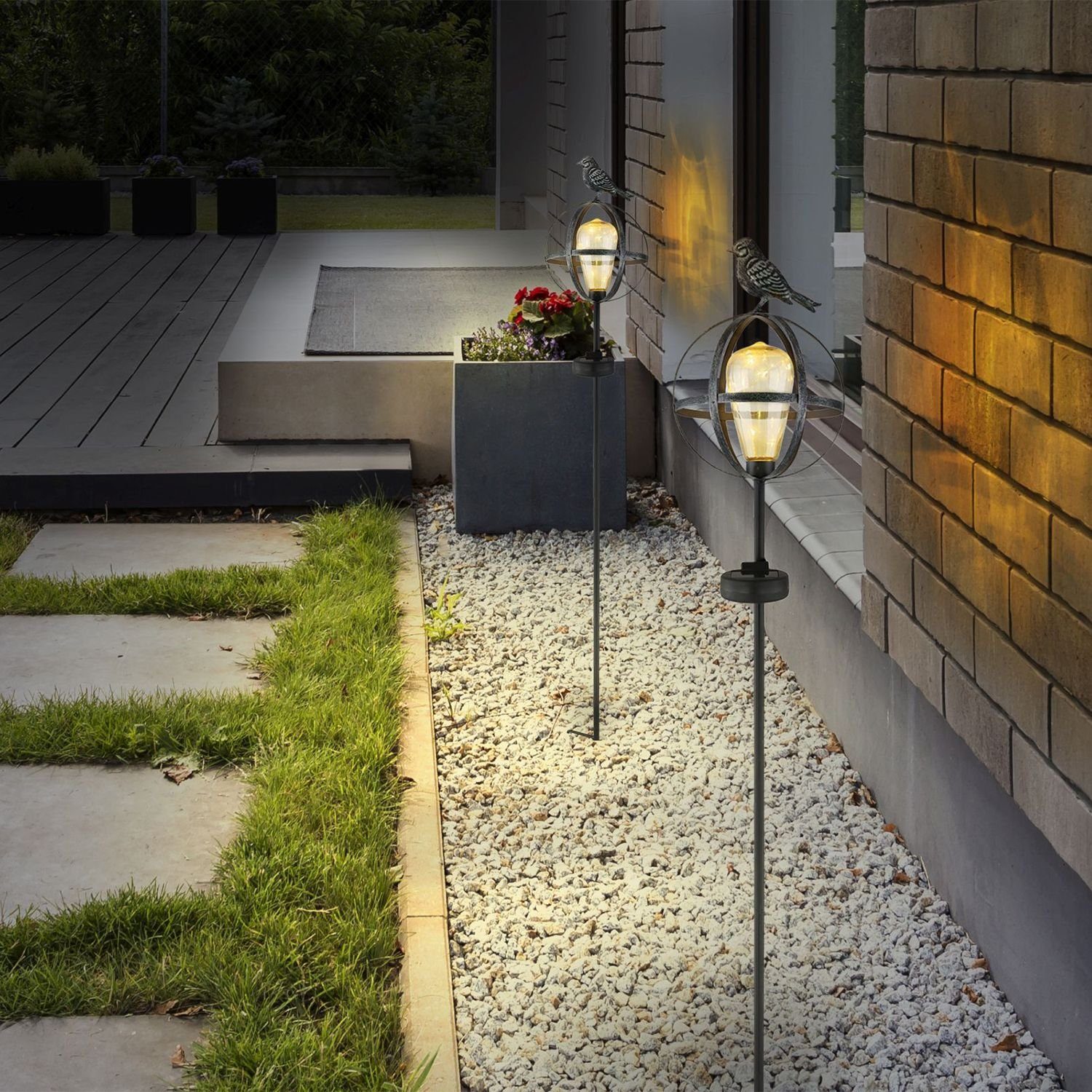 bmf-versand Außen Solarlampe Solarleuchte Garten Außenleuchte LED Stab 2er Solarleuchte Vogel Set