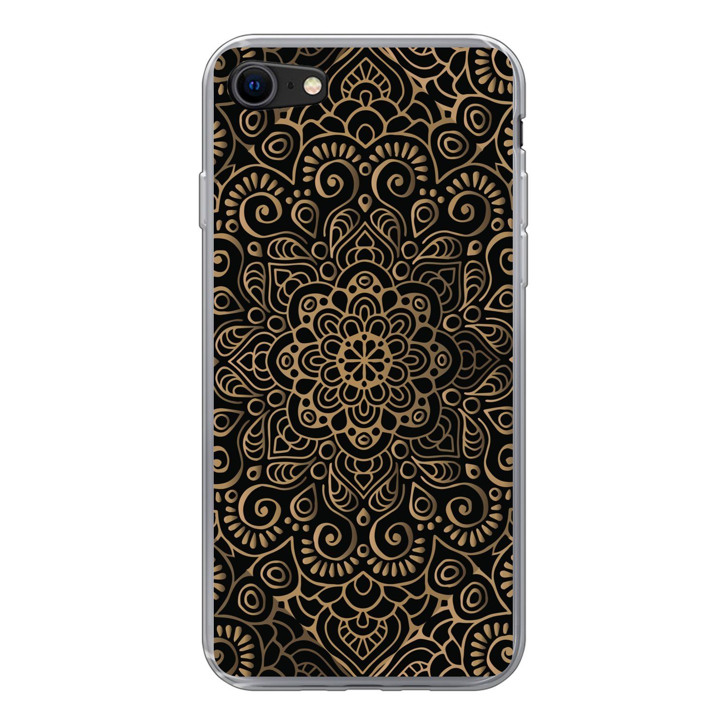 MuchoWow Handyhülle für Apple iPhone 7 Goldenes Muster auf schwarzem Hintergrund, Smartphone-Bumper, Print, Handy Schutzhülle Dünn