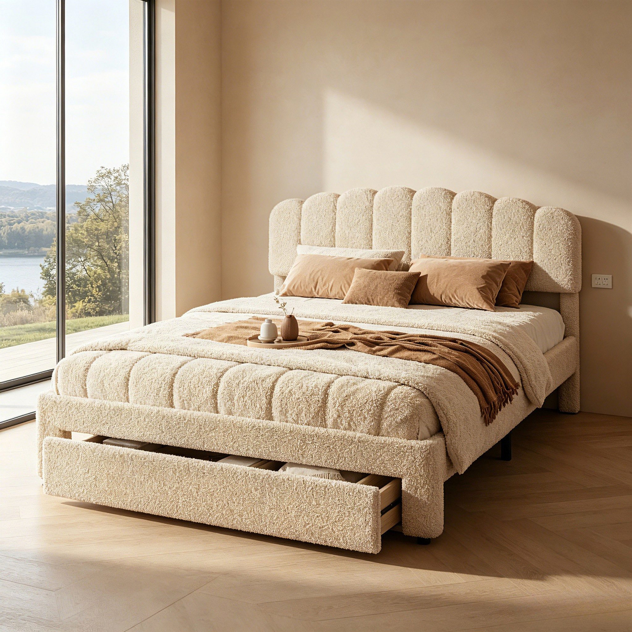 Simurq Polsterbett Doppelbett Stauraumbett 140x200 cm mit USB-Ladestation & 2 Schublade (Set, Kopfteil, USB-Ladestation, Schublade mit Rollen, Montagezubehör), Lattenrost, Kopfteil und Stauraum unter dem Bett, ohne Matratze