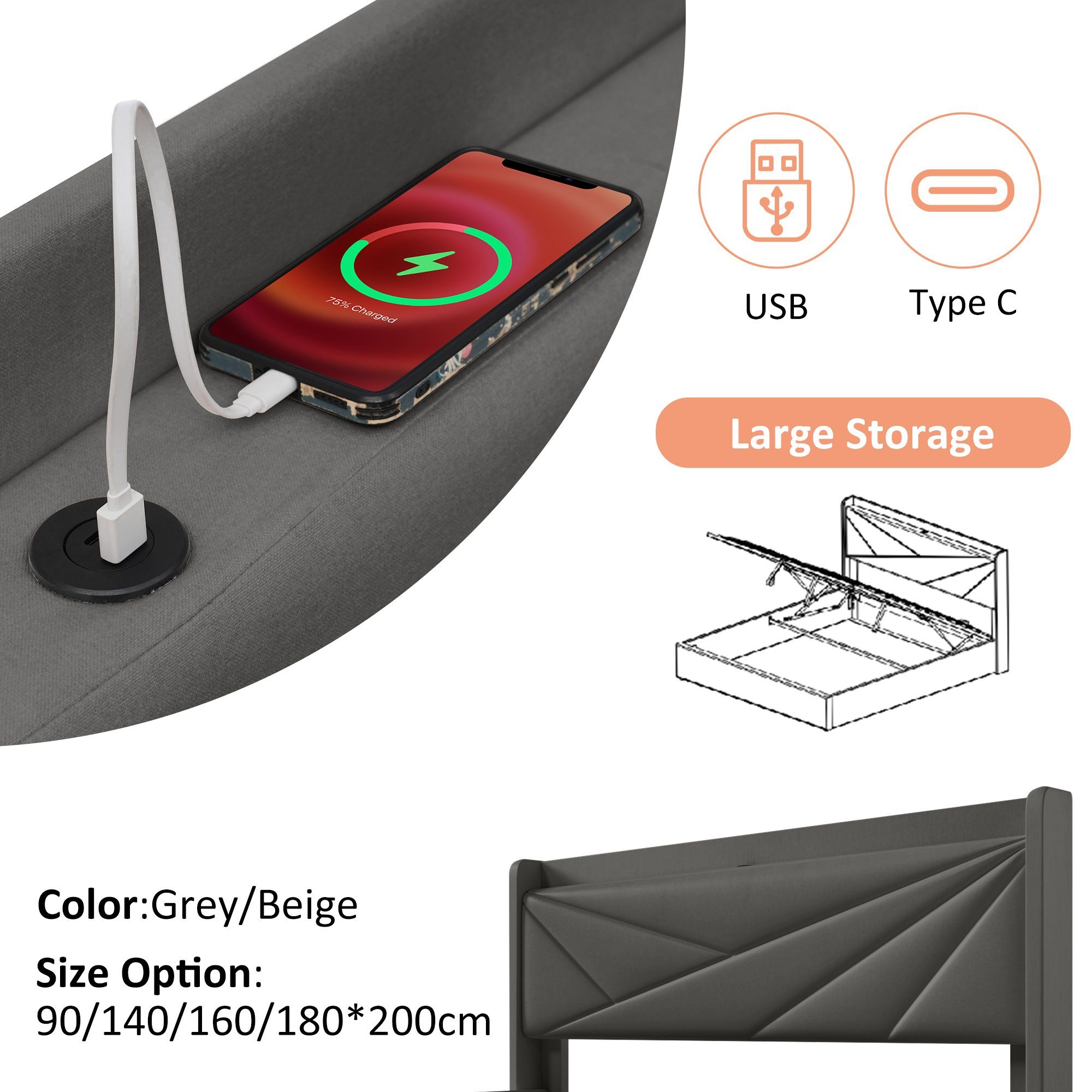 Polsterbett (Funktionsbett mit Lattenrost und Matratze), Stauraumbett 90x200cm mit USB Typ C Ladefunktion Kopfteil, Leinen