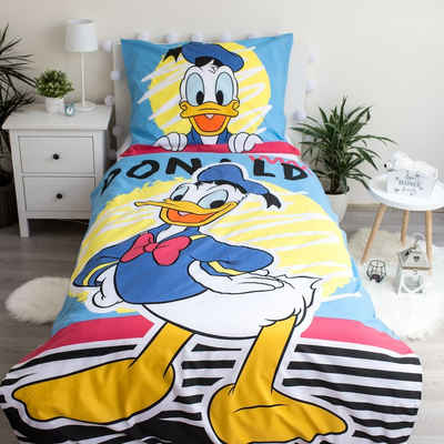 Bettwäsche Donald Duck Disney Wende Bettwäsche Kopfkissen Bettdecke für 135x200, Disney, Renforcé, 2 teilig, 100% Baumwolle