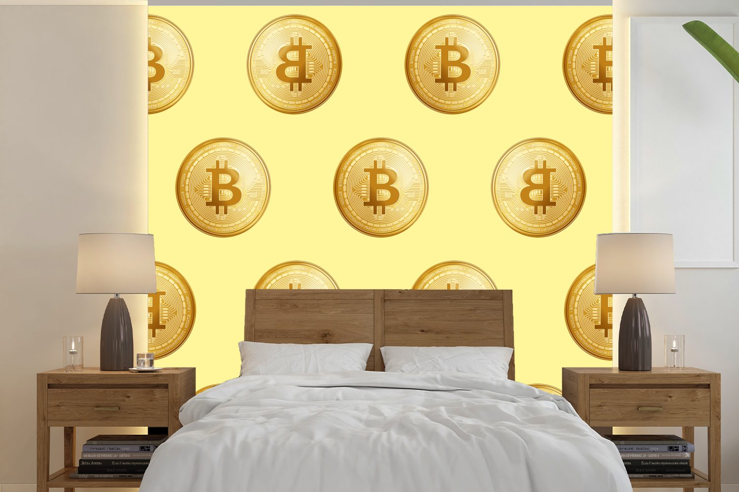 MuchoWow Fototapete Bitcoin - Gold - Muster - Gelb, Matt, bedruckt, (5 St), Vinyl Tapete für Wohnzimmer oder Schlafzimmer, Wandtapete | Fototapeten