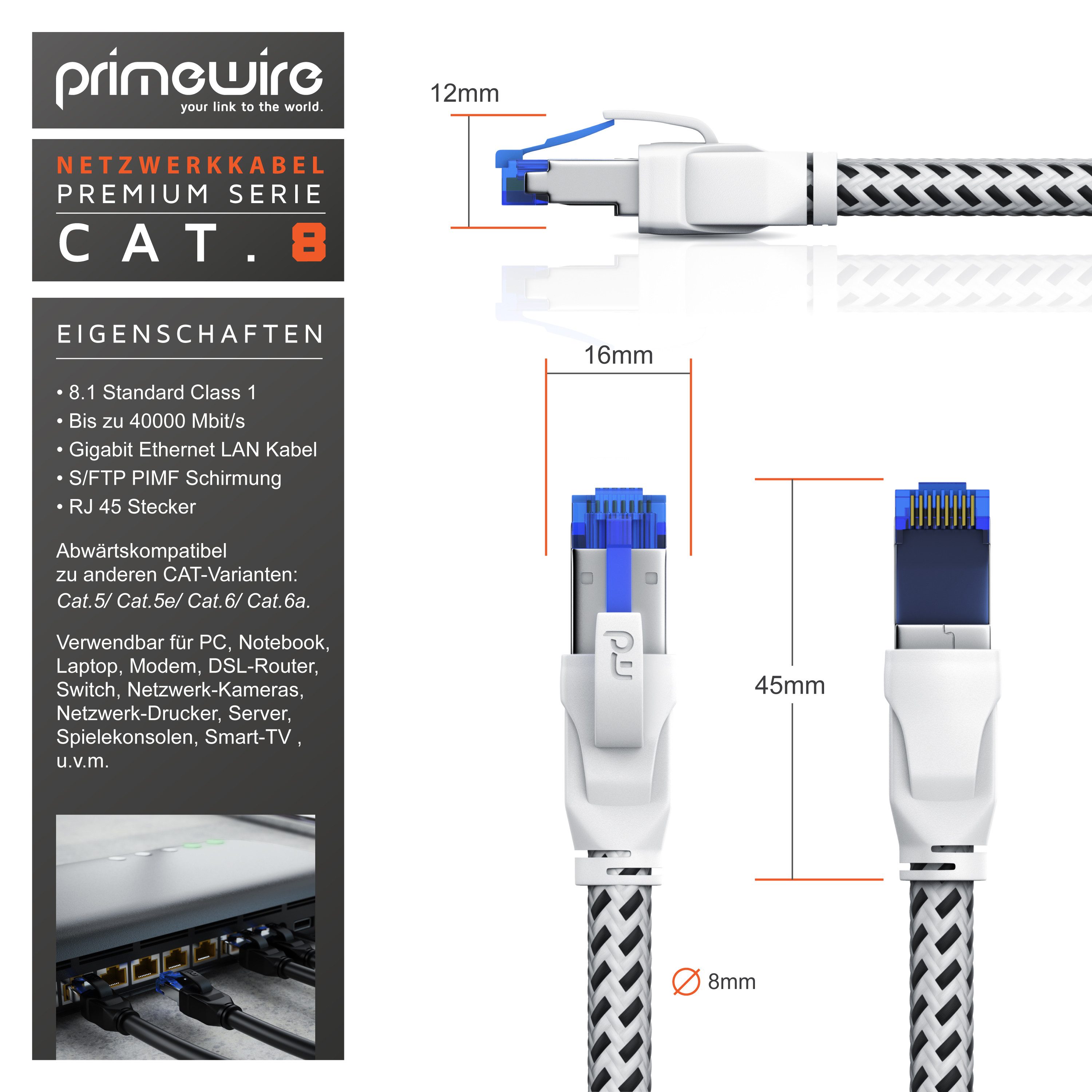 Primewire LAN-Kabel, CAT.8, RJ-45 (Ethernet) (25 cm), Patchkabel CAT 8, Baumwollummantelung, Netzwerkkabel 40 Gbit/s - 0,25m