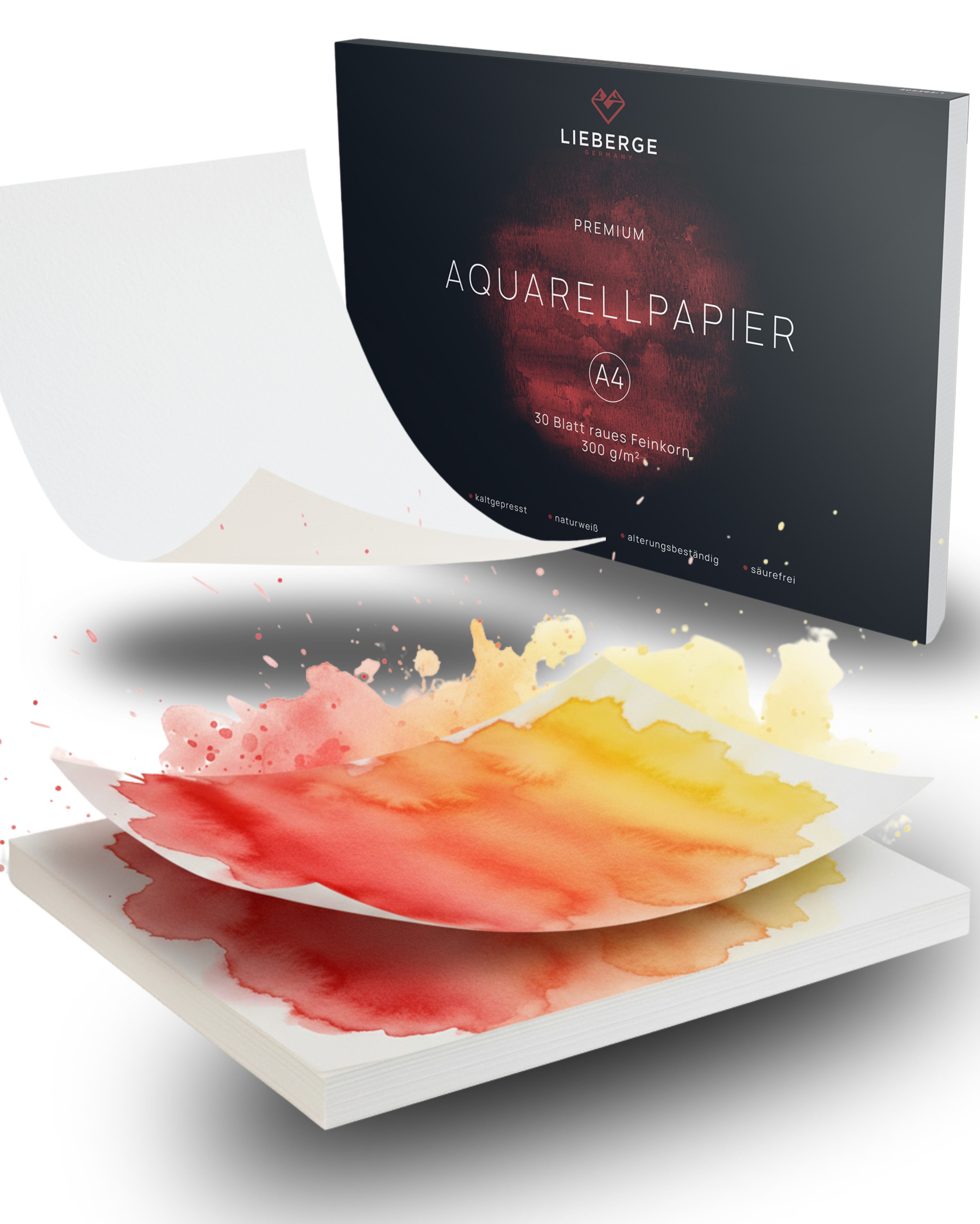 LIEBERGE Aquarellpapier Premium A4 300g – made in Germany – 30 Blatt verleimt, 300g/m², grobes Feinkorn, verleimt, für Anfänger, für Fortgeschrittene